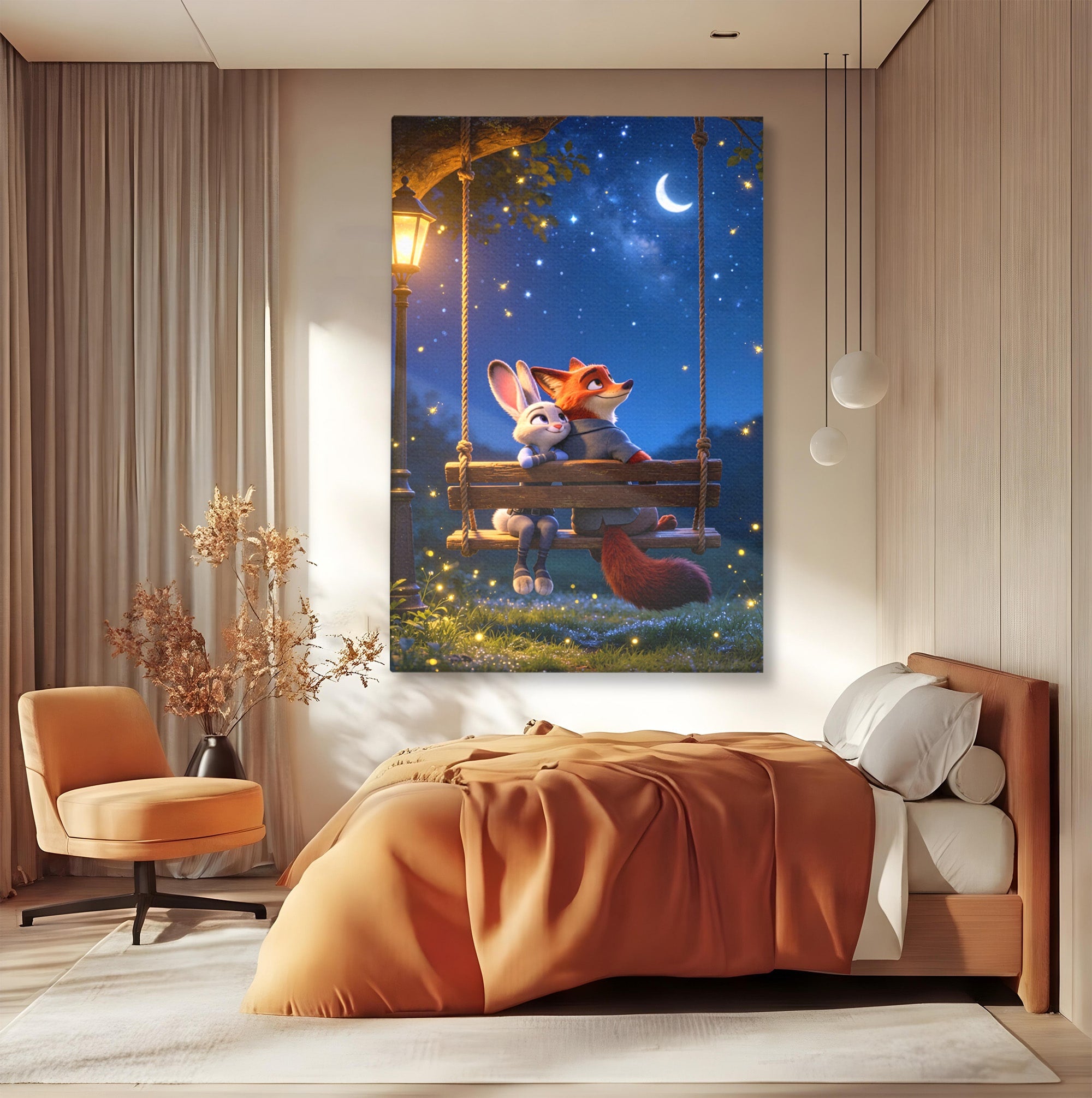 Tablou Canvas Premium LuxCanva® PI1363, Noapte in Zootopia, Animatie, Prietenie, Juddy, Stele, Nick, Culori Vibrante, Living, Dormitor, Camera Copii
