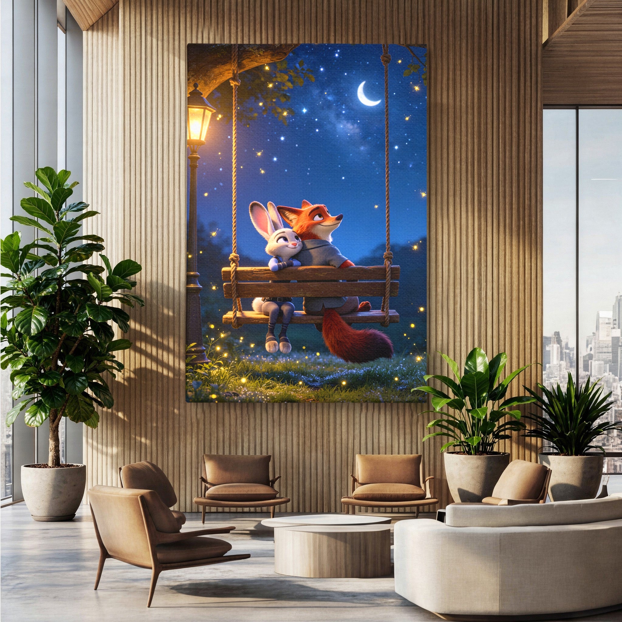 Tablou Canvas Premium LuxCanva® PI1363, Noapte in Zootopia, Animatie, Prietenie, Juddy, Stele, Nick, Culori Vibrante, Living, Dormitor, Camera Copii