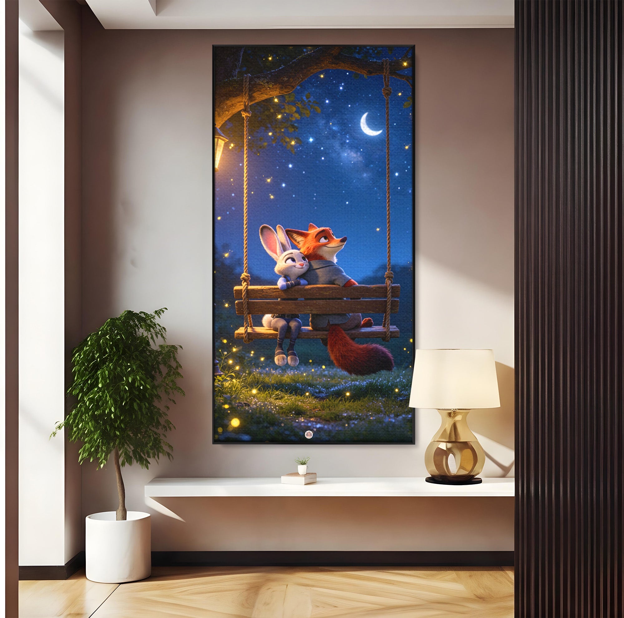 Tablou Canvas Premium LuxCanva® PI1363, Noapte in Zootopia, Animatie, Prietenie, Juddy, Stele, Nick, Culori Vibrante, Living, Dormitor, Camera Copii