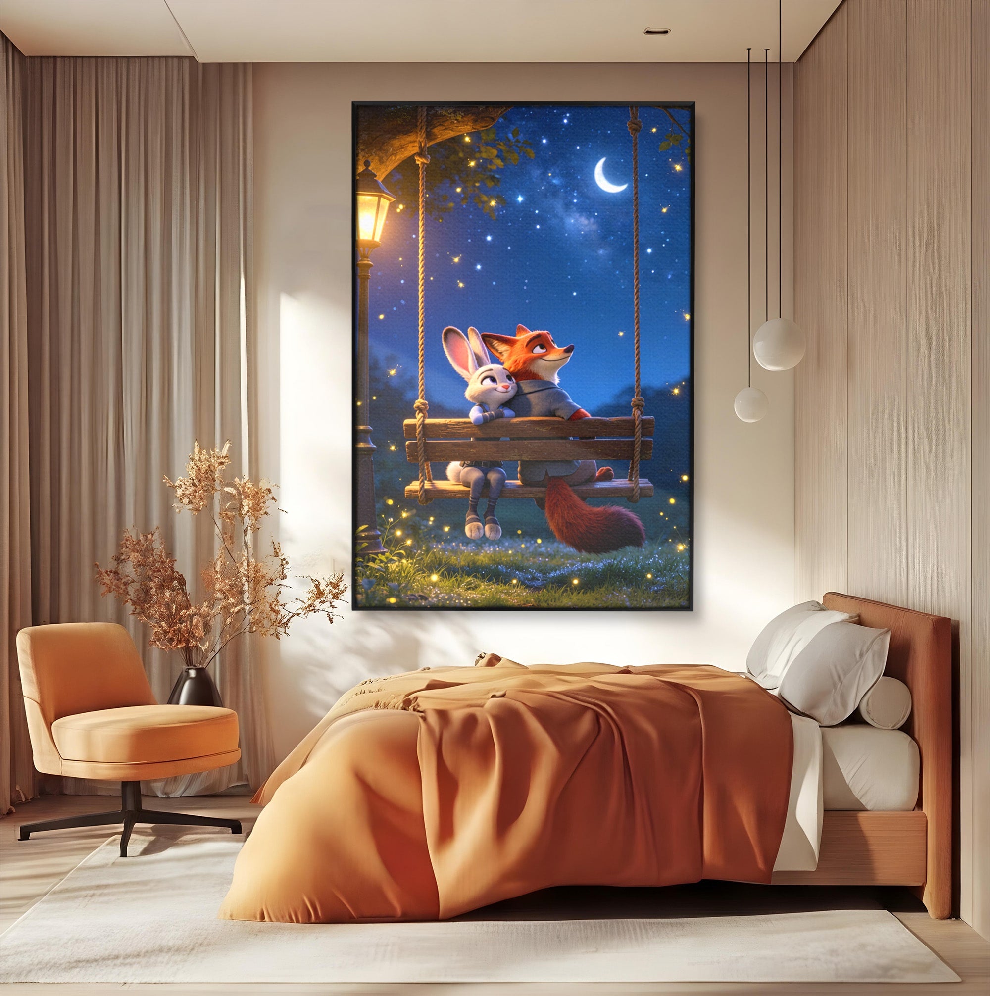 Tablou Canvas Premium LuxCanva® PI1363, Noapte in Zootopia, Animatie, Prietenie, Juddy, Stele, Nick, Culori Vibrante, Living, Dormitor, Camera Copii