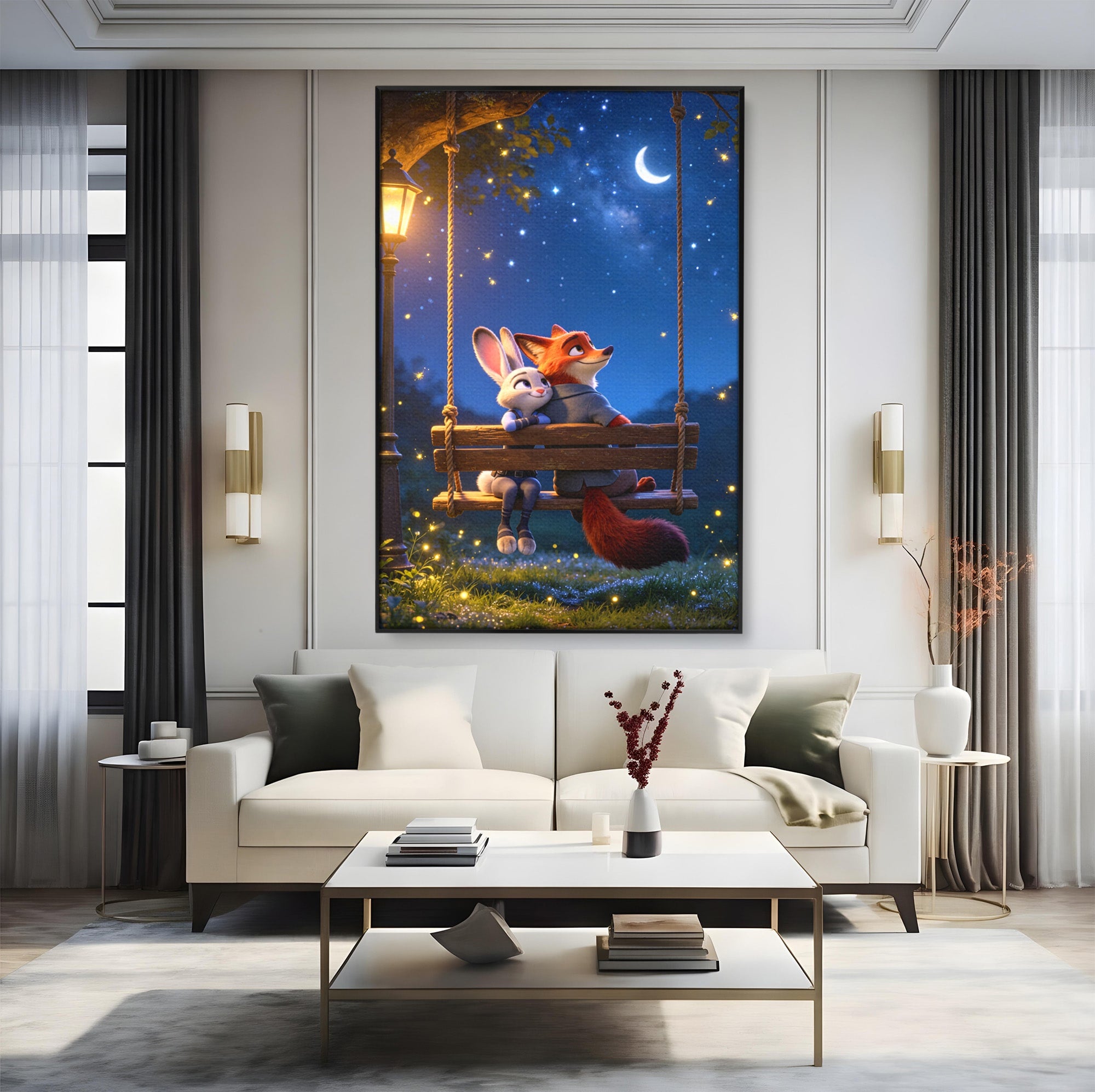 Tablou Canvas Premium LuxCanva® PI1363, Noapte in Zootopia, Animatie, Prietenie, Juddy, Stele, Nick, Culori Vibrante, Living, Dormitor, Camera Copii