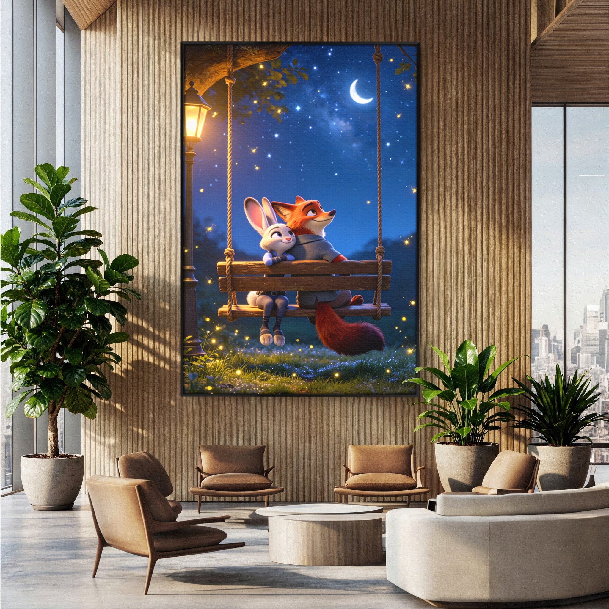 Tablou Canvas Premium LuxCanva® PI1363, Noapte in Zootopia, Animatie, Prietenie, Juddy, Stele, Nick, Culori Vibrante, Living, Dormitor, Camera Copii