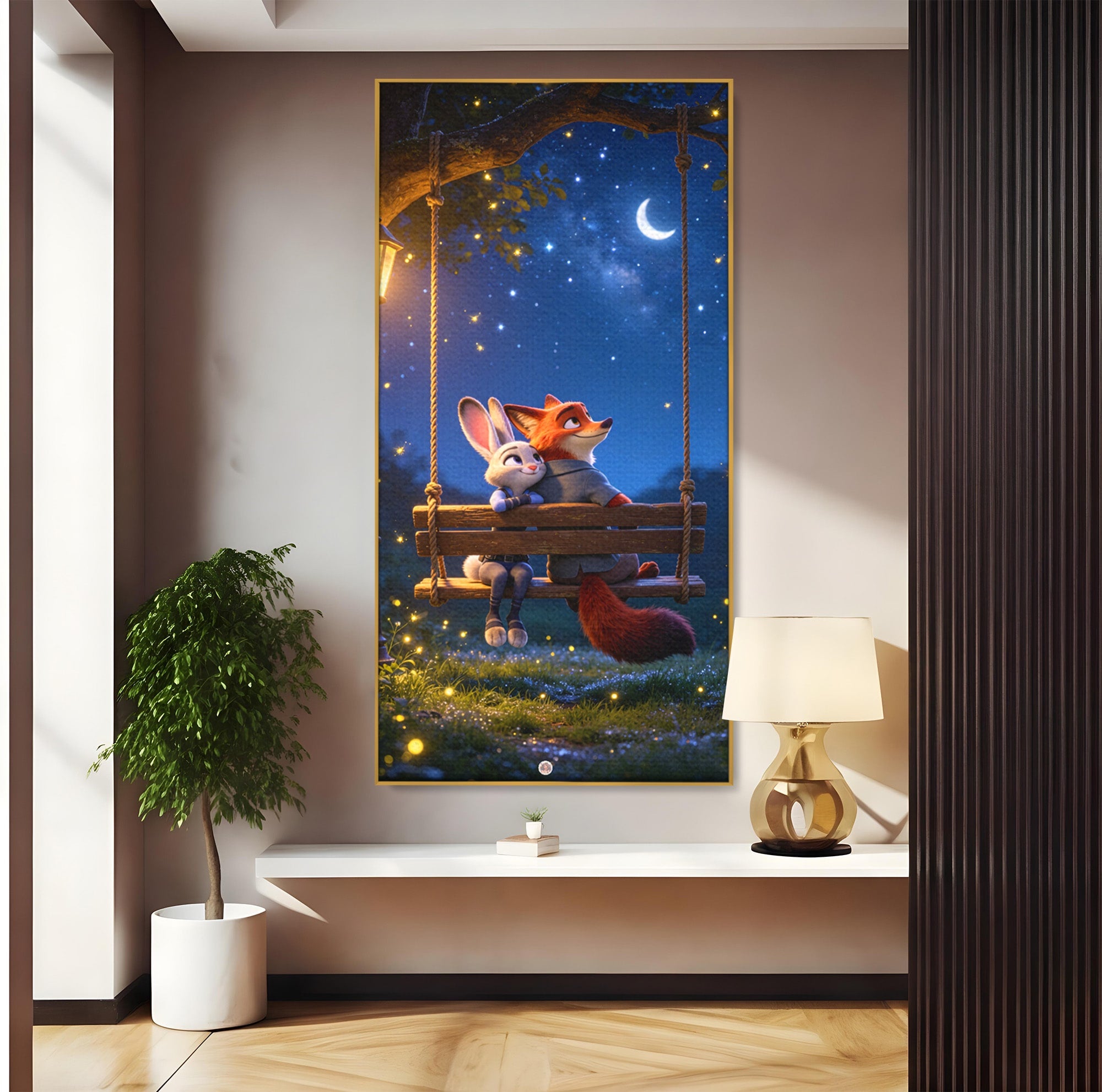 Tablou Canvas Premium LuxCanva® PI1363, Noapte in Zootopia, Animatie, Prietenie, Juddy, Stele, Nick, Culori Vibrante, Living, Dormitor, Camera Copii
