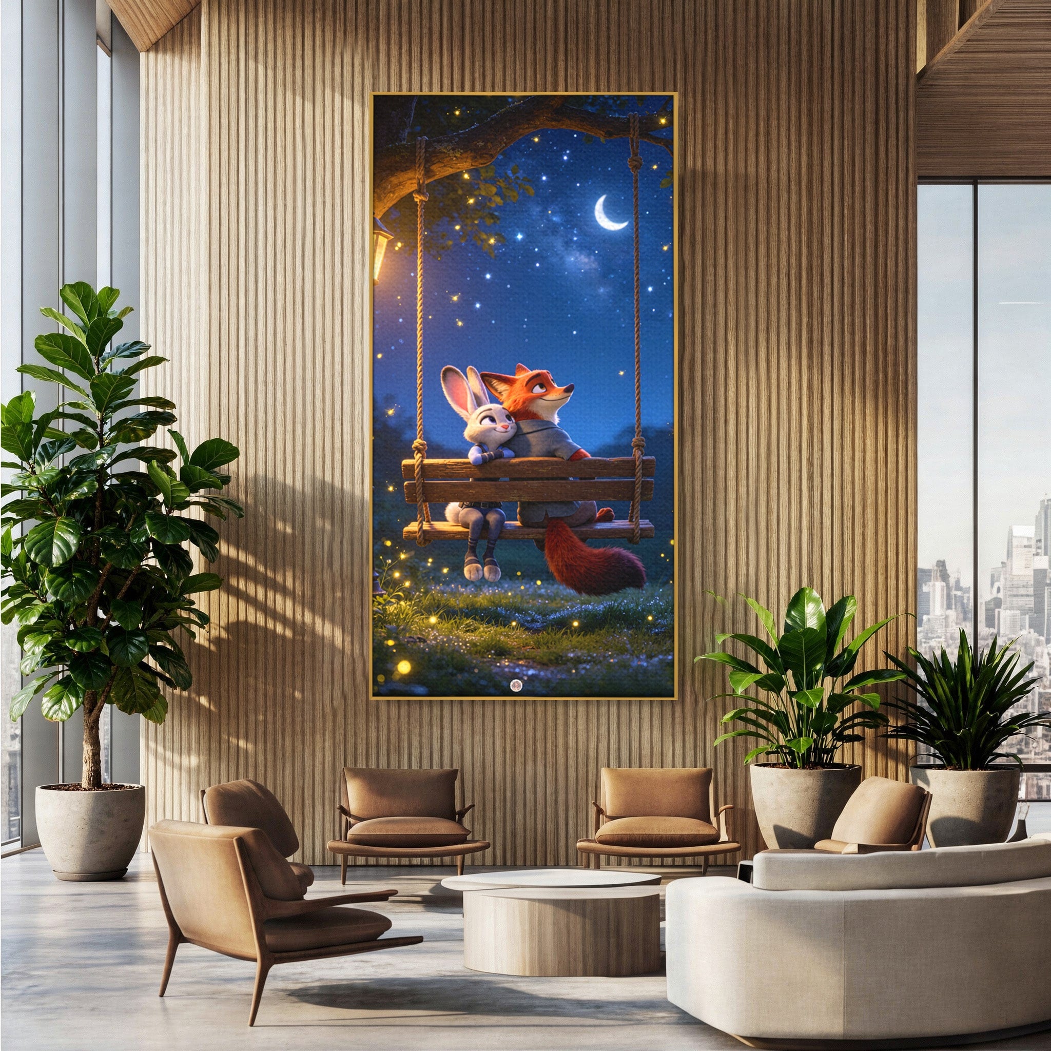 Tablou Canvas Premium LuxCanva® PI1363, Noapte in Zootopia, Animatie, Prietenie, Juddy, Stele, Nick, Culori Vibrante, Living, Dormitor, Camera Copii