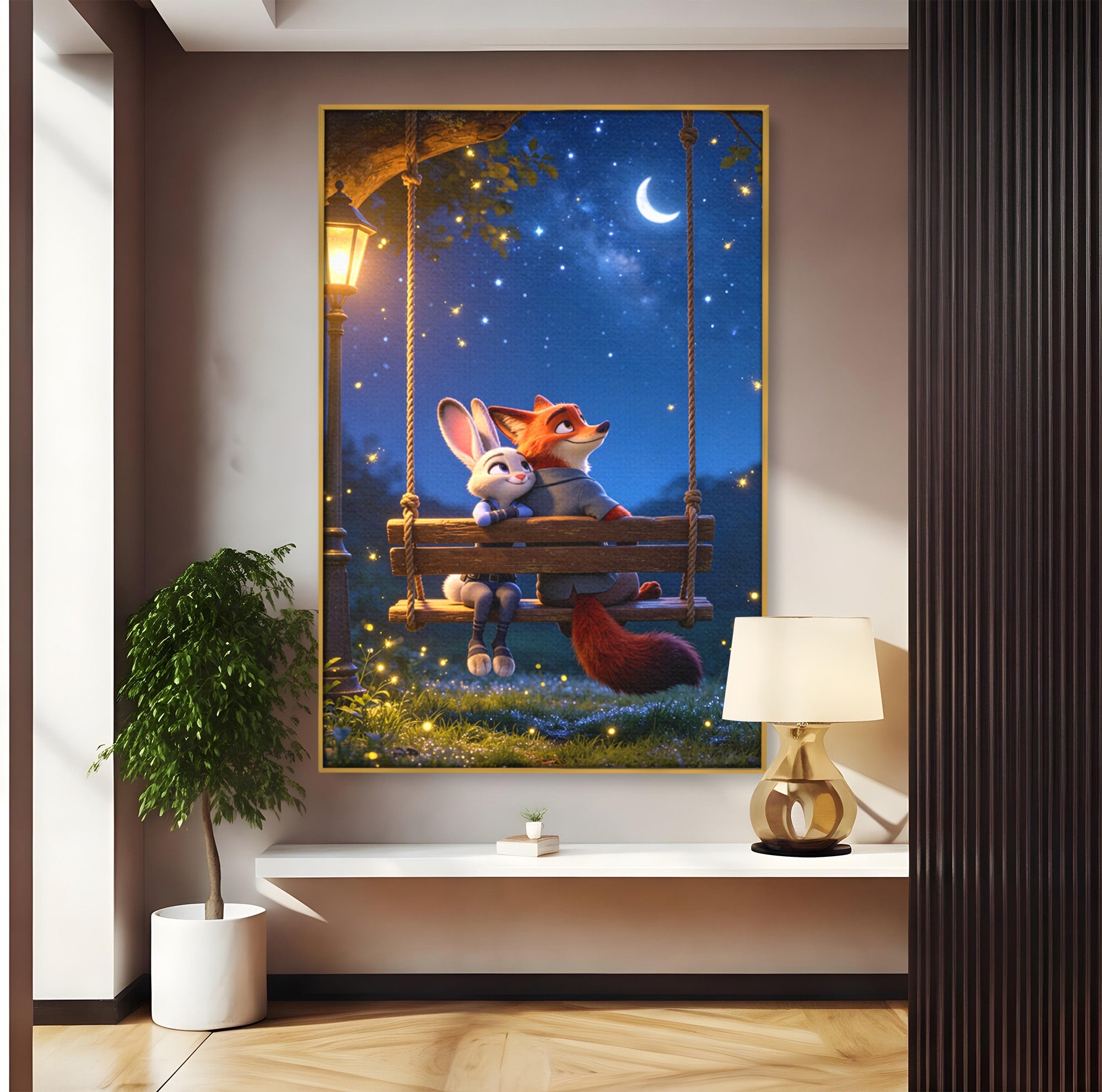 Tablou Canvas Premium LuxCanva® PI1363, Noapte in Zootopia, Animatie, Prietenie, Juddy, Stele, Nick, Culori Vibrante, Living, Dormitor, Camera Copii