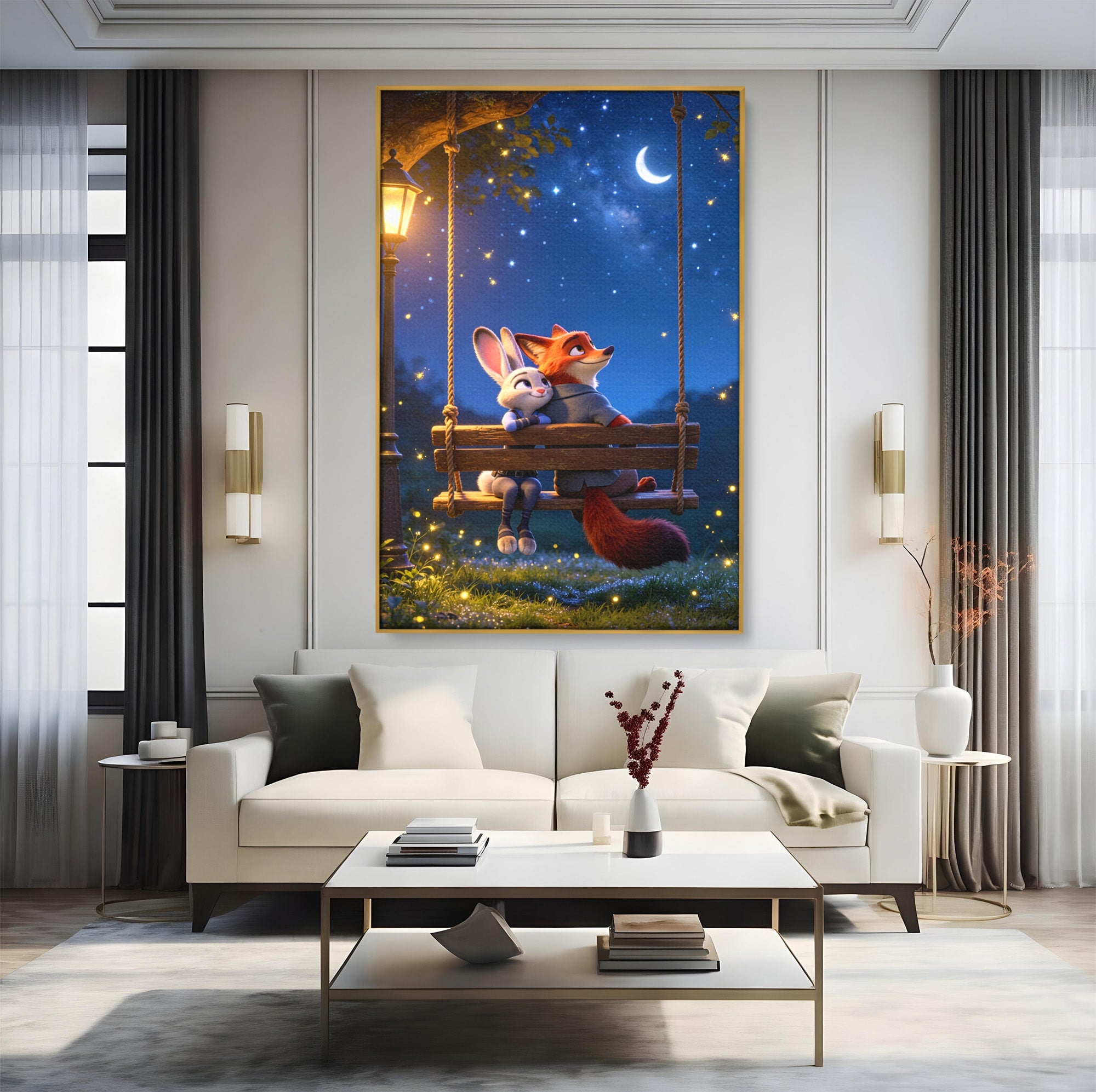 Tablou Canvas Premium LuxCanva® PI1363, Noapte in Zootopia, Animatie, Prietenie, Juddy, Stele, Nick, Culori Vibrante, Living, Dormitor, Camera Copii