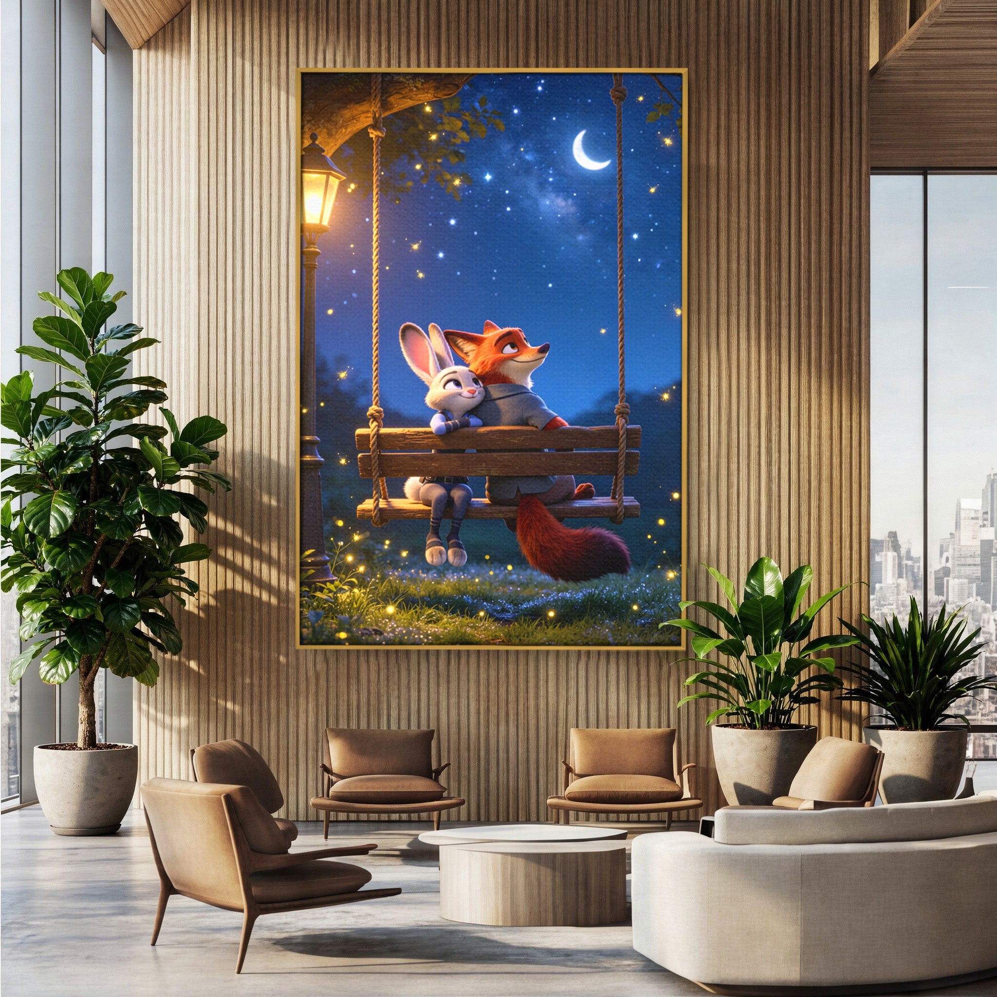 Tablou Canvas Premium LuxCanva® PI1363, Noapte in Zootopia, Animatie, Prietenie, Juddy, Stele, Nick, Culori Vibrante, Living, Dormitor, Camera Copii