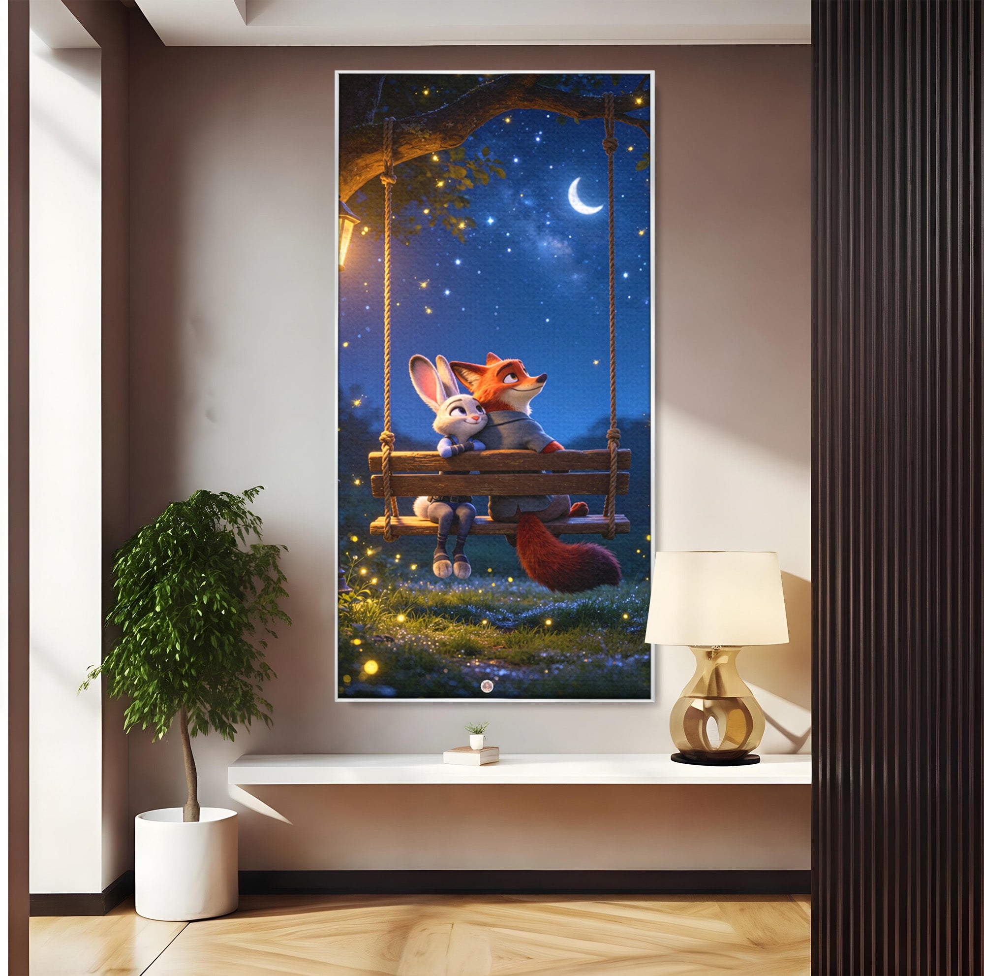 Tablou Canvas Premium LuxCanva® PI1363, Noapte in Zootopia, Animatie, Prietenie, Juddy, Stele, Nick, Culori Vibrante, Living, Dormitor, Camera Copii