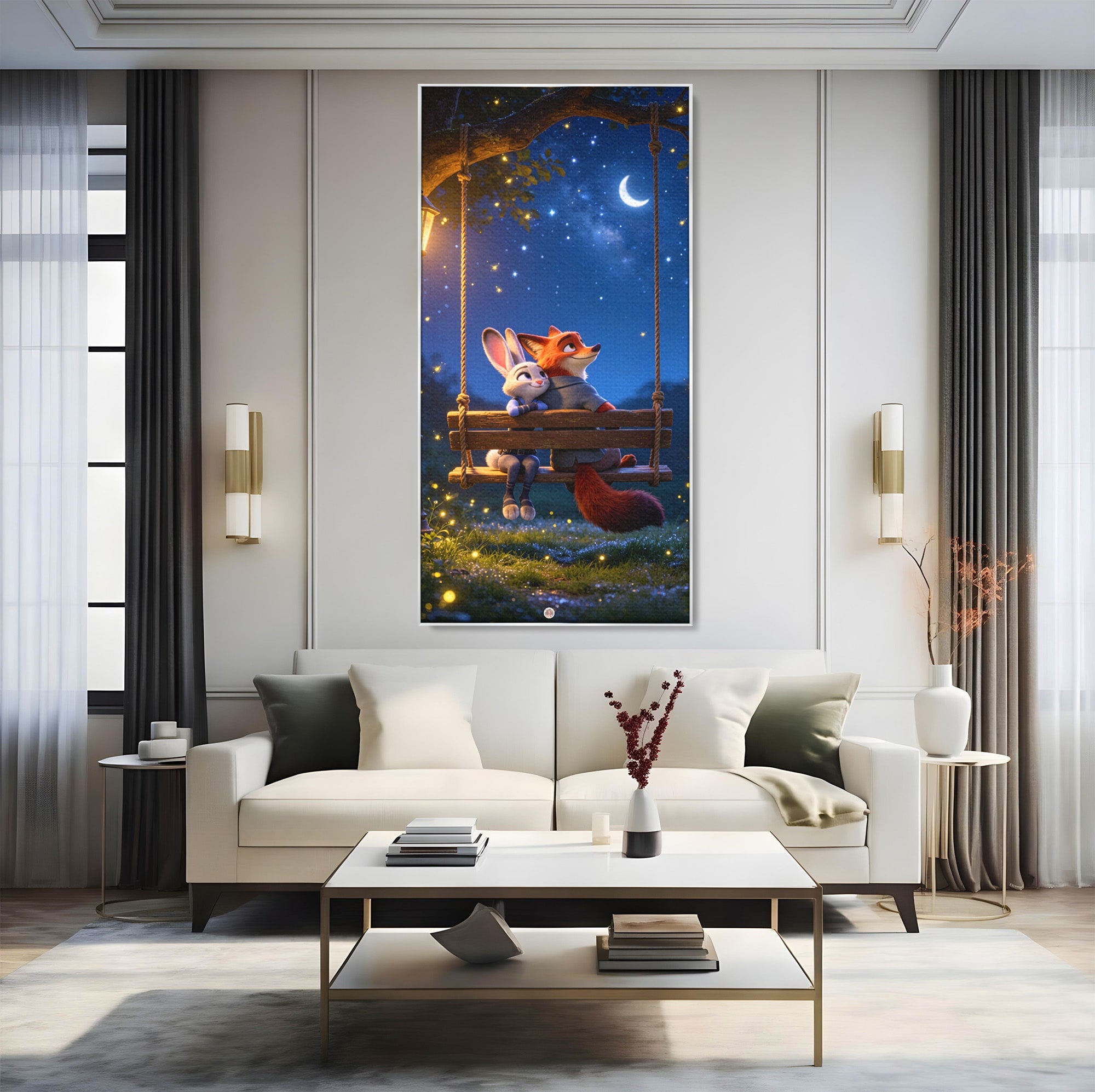 Tablou Canvas Premium LuxCanva® PI1363, Noapte in Zootopia, Animatie, Prietenie, Juddy, Stele, Nick, Culori Vibrante, Living, Dormitor, Camera Copii