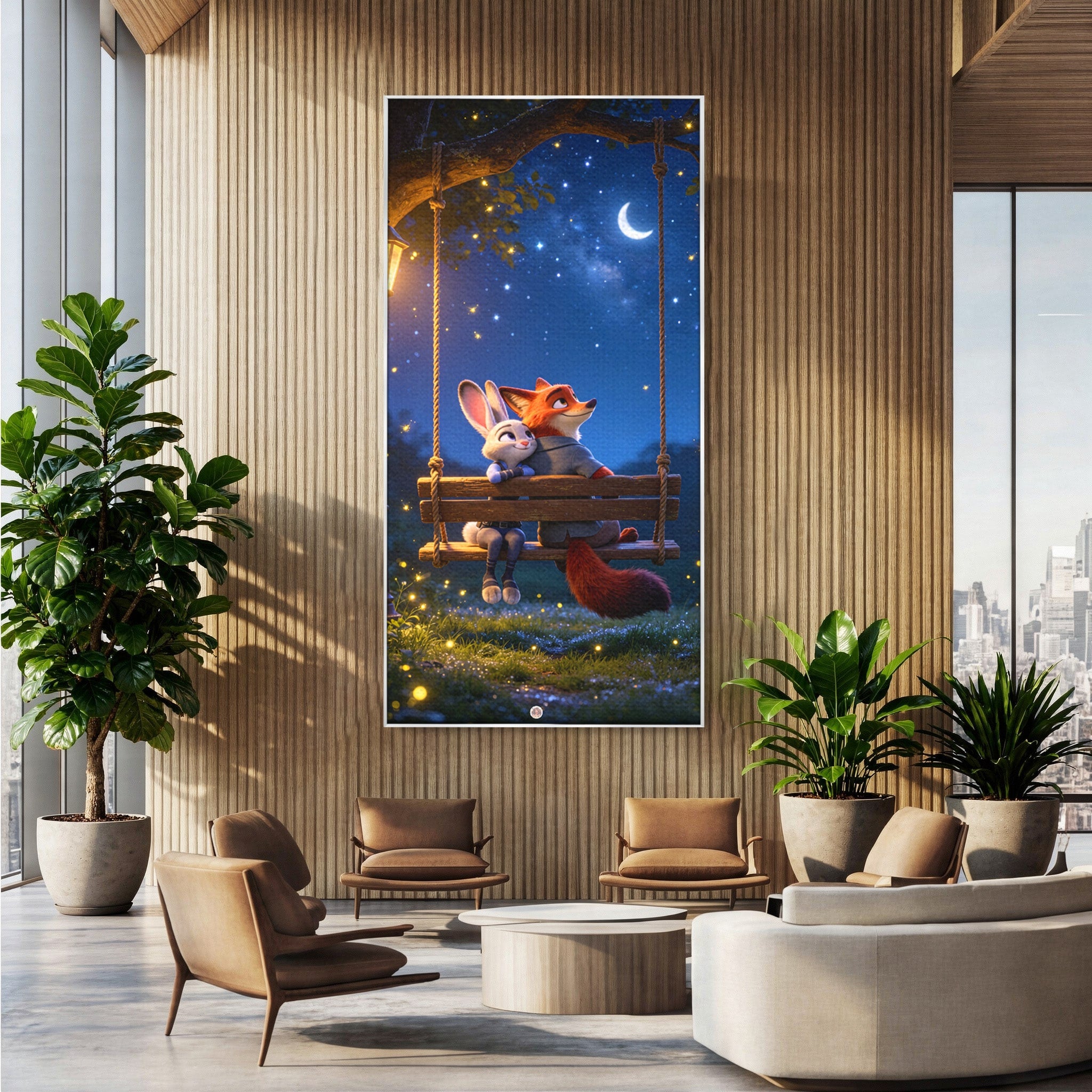 Tablou Canvas Premium LuxCanva® PI1363, Noapte in Zootopia, Animatie, Prietenie, Juddy, Stele, Nick, Culori Vibrante, Living, Dormitor, Camera Copii