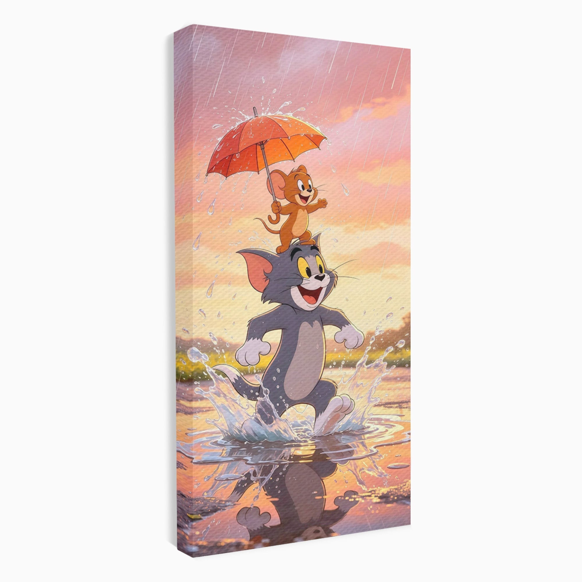 Tablou Canvas Premium LuxCanva® PI1364, Aventura Vesela, Desene Animate, Prietenie, Umbrela, Tom, Jerry, Culori Vibrante, Living, Dormitor, Camera Copii
