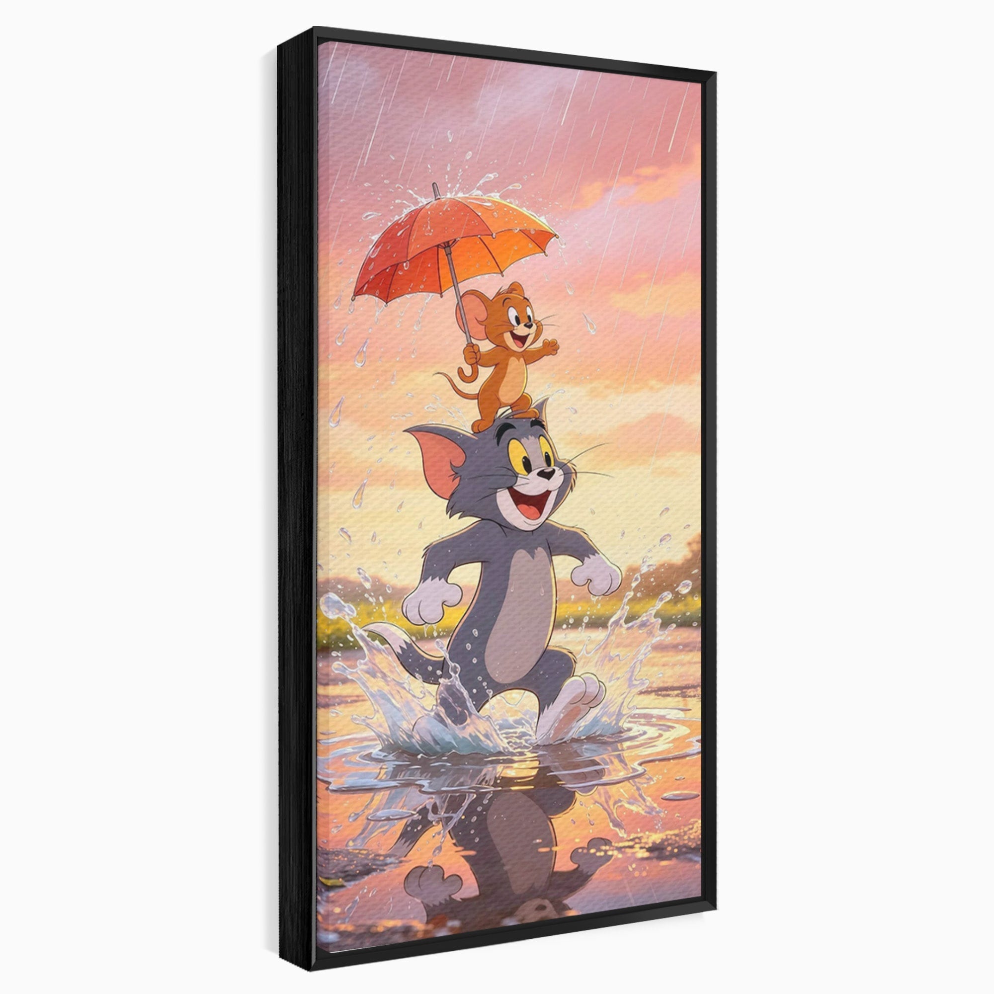 Tablou Canvas Premium LuxCanva® PI1364, Aventura Vesela, Desene Animate, Prietenie, Umbrela, Tom, Jerry, Culori Vibrante, Living, Dormitor, Camera Copii