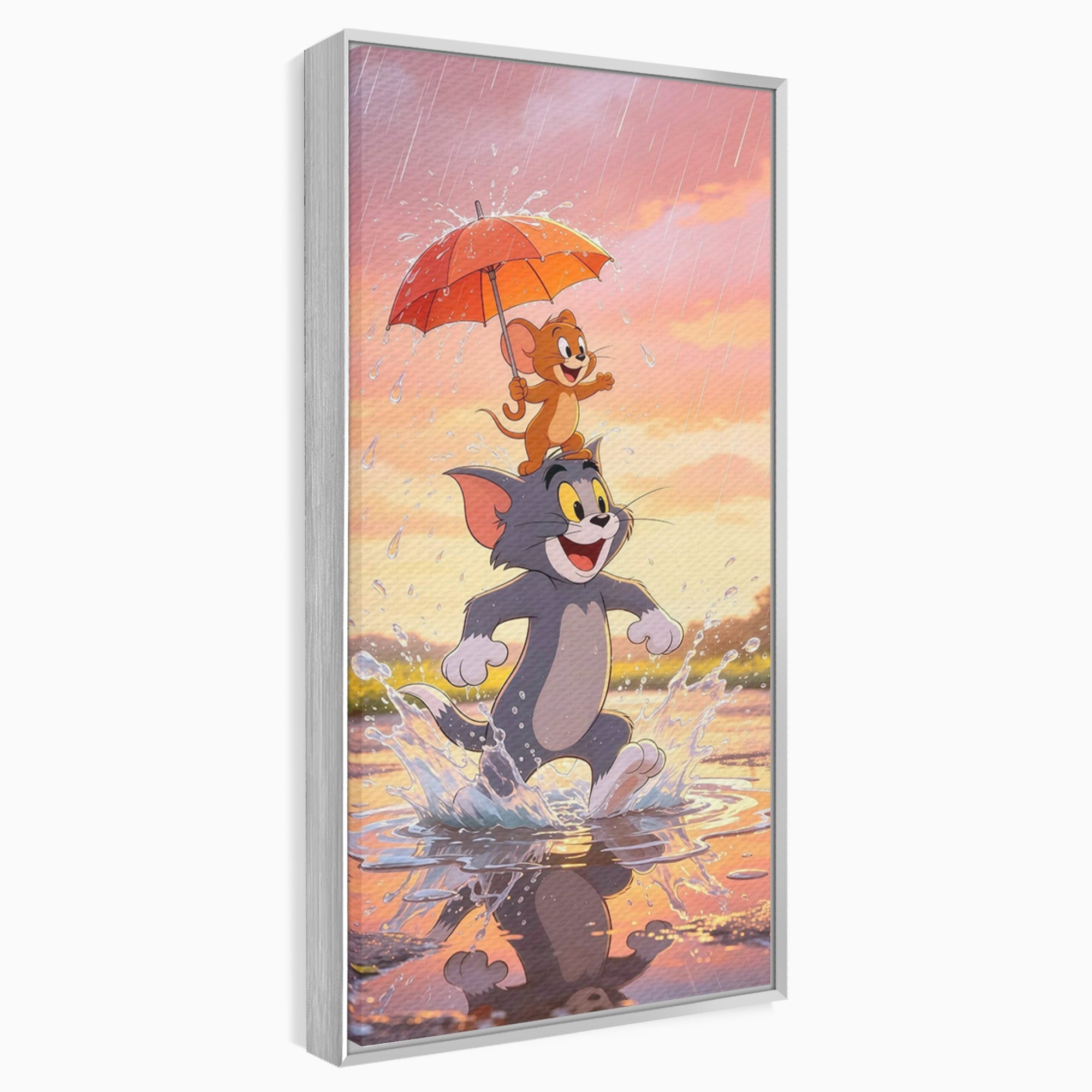 Tablou Canvas Premium LuxCanva® PI1364, Aventura Vesela, Desene Animate, Prietenie, Umbrela, Tom, Jerry, Culori Vibrante, Living, Dormitor, Camera Copii