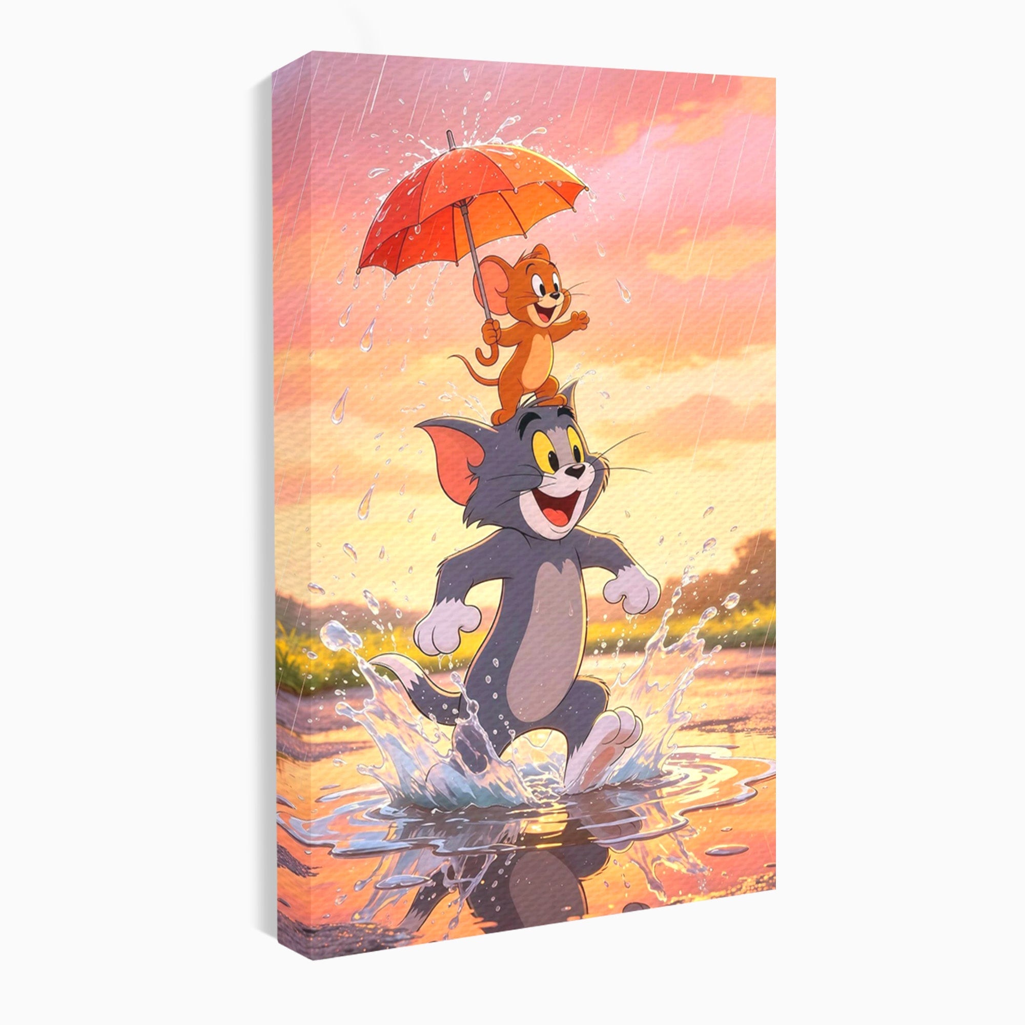 Tablou Canvas Premium LuxCanva® PI1364, Aventura Vesela, Desene Animate, Prietenie, Umbrela, Tom, Jerry, Culori Vibrante, Living, Dormitor, Camera Copii