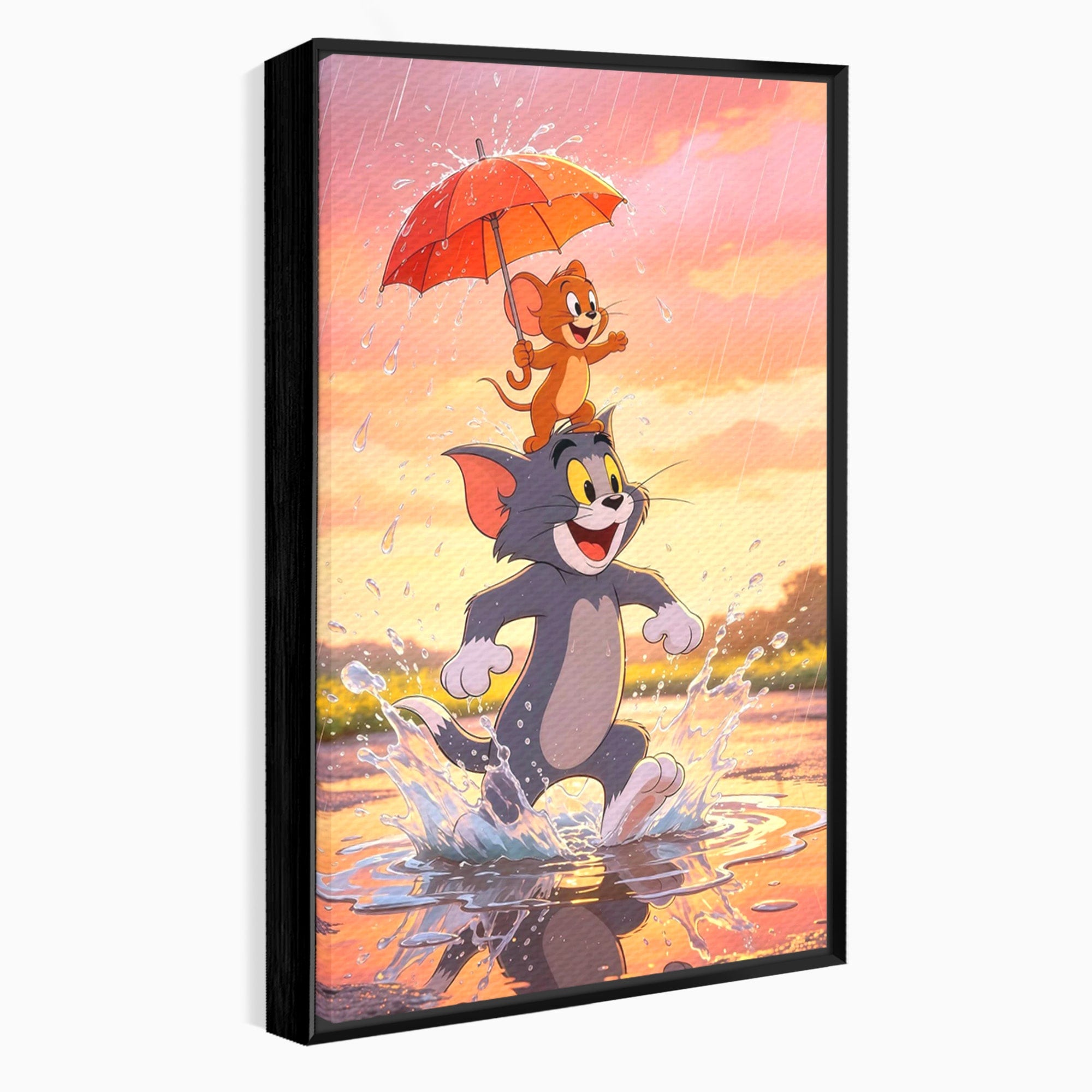 Tablou Canvas Premium LuxCanva® PI1364, Aventura Vesela, Desene Animate, Prietenie, Umbrela, Tom, Jerry, Culori Vibrante, Living, Dormitor, Camera Copii