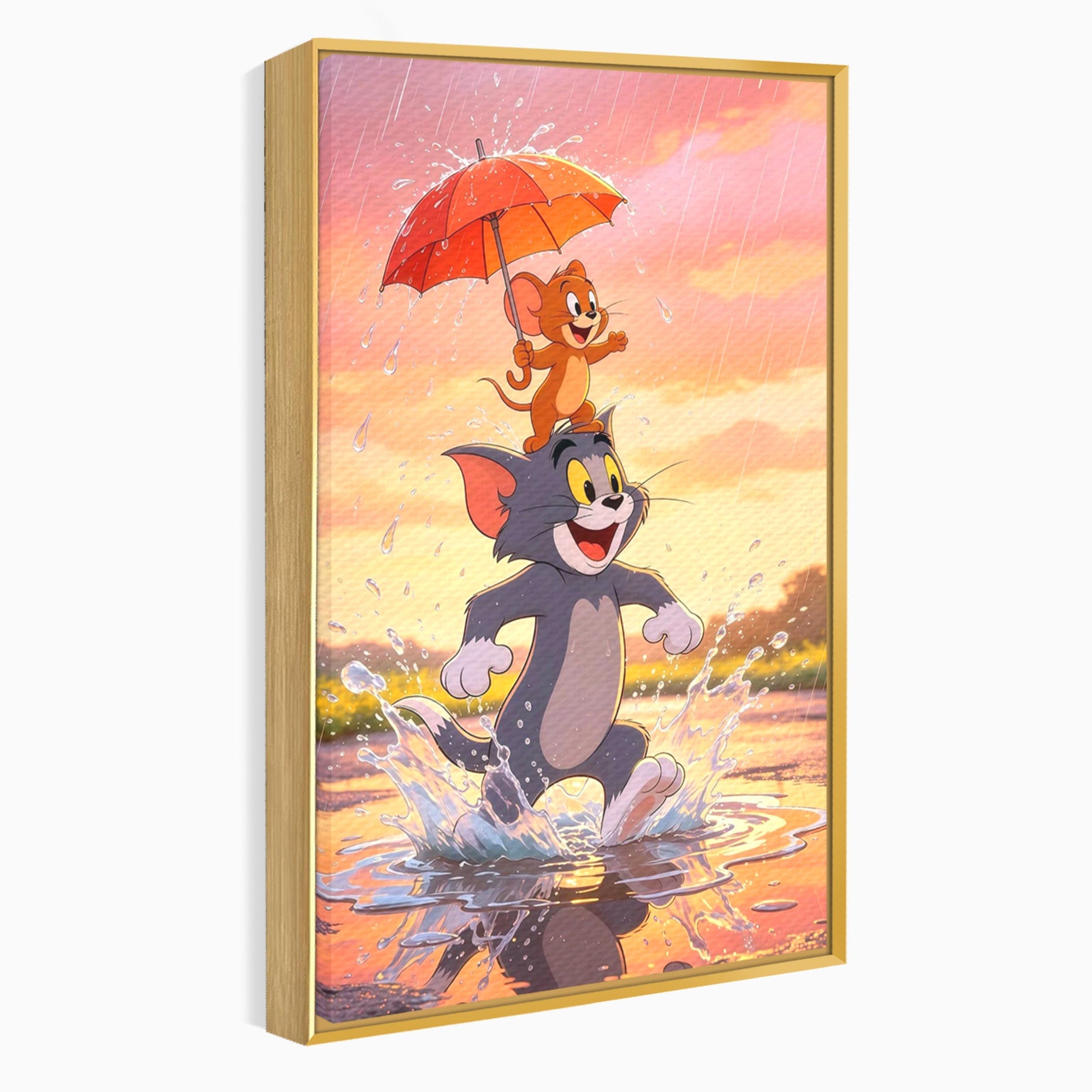 Tablou Canvas Premium LuxCanva® PI1364, Aventura Vesela, Desene Animate, Prietenie, Umbrela, Tom, Jerry, Culori Vibrante, Living, Dormitor, Camera Copii