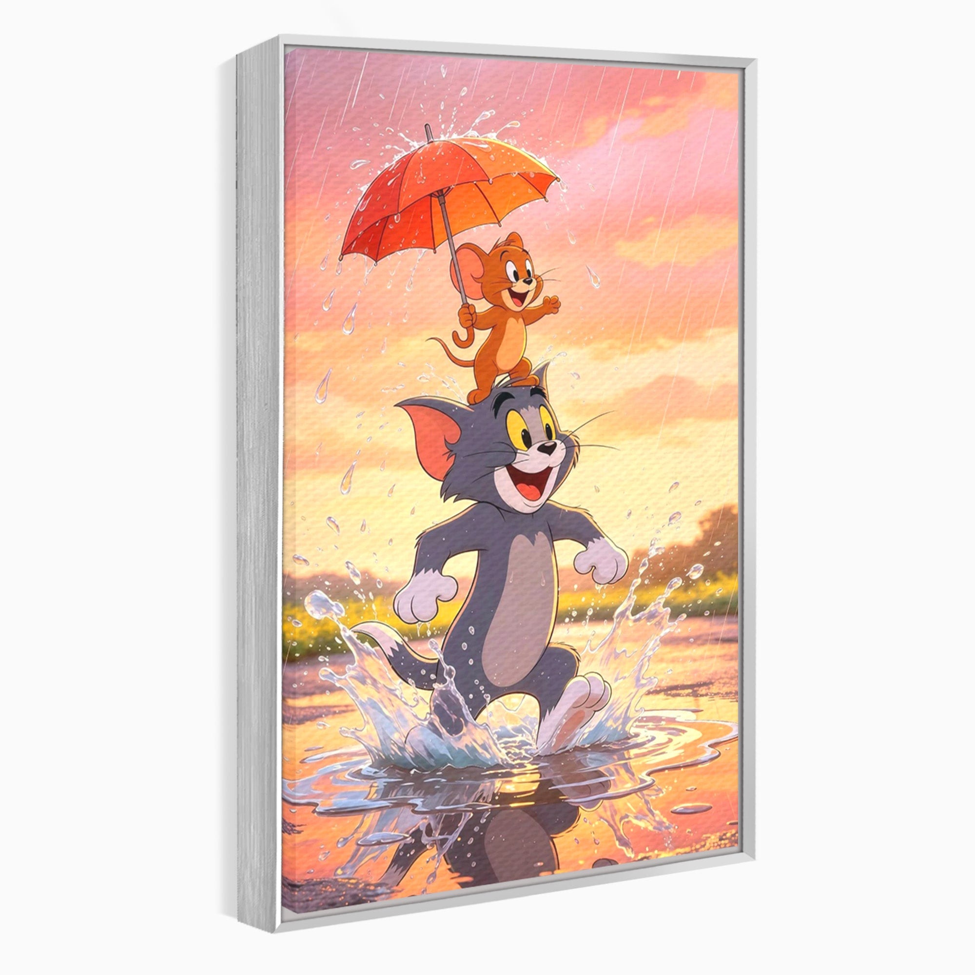 Tablou Canvas Premium LuxCanva® PI1364, Aventura Vesela, Desene Animate, Prietenie, Umbrela, Tom, Jerry, Culori Vibrante, Living, Dormitor, Camera Copii