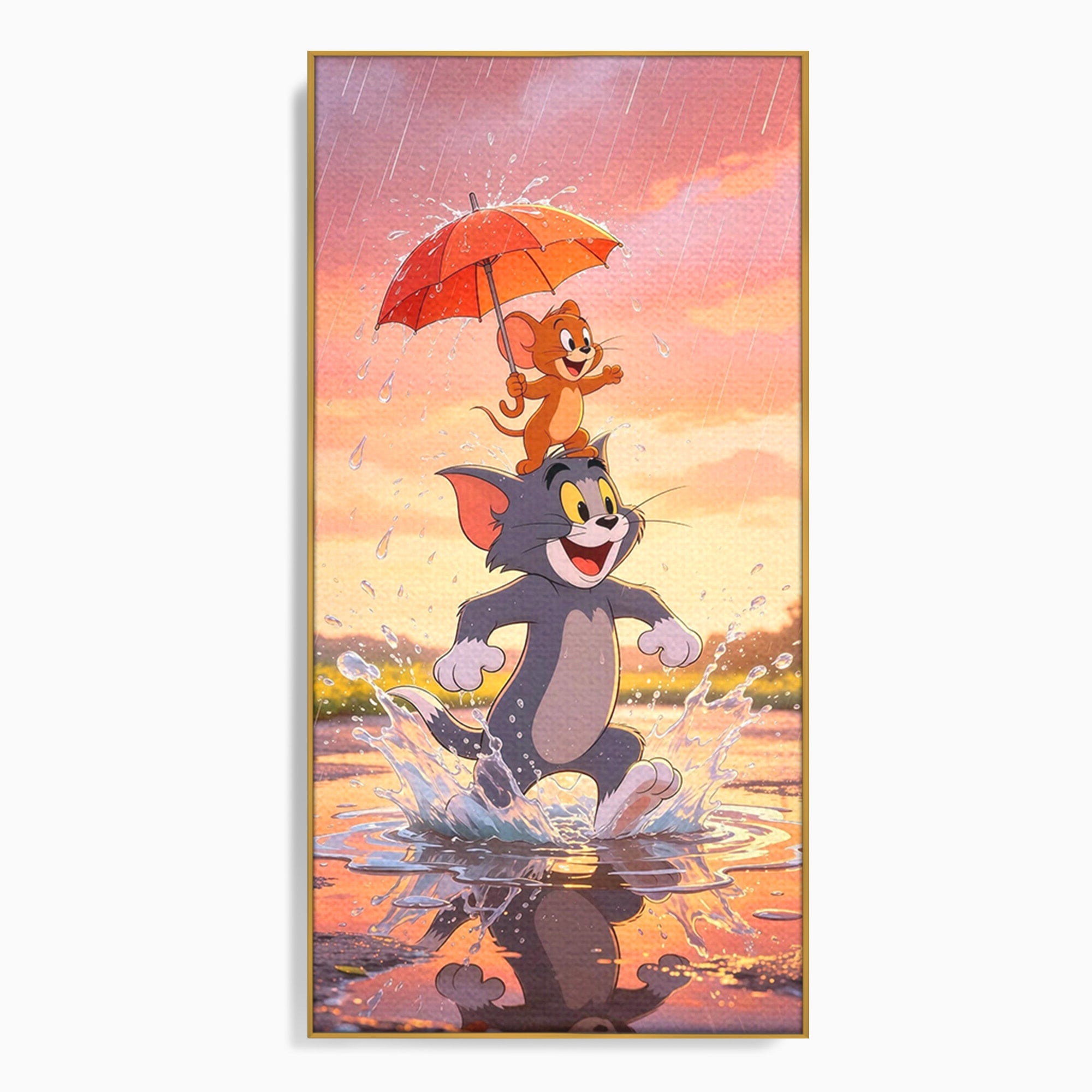 Tablou Canvas Premium LuxCanva® PI1364, Aventura Vesela, Desene Animate, Prietenie, Umbrela, Tom, Jerry, Culori Vibrante, Living, Dormitor, Camera Copii