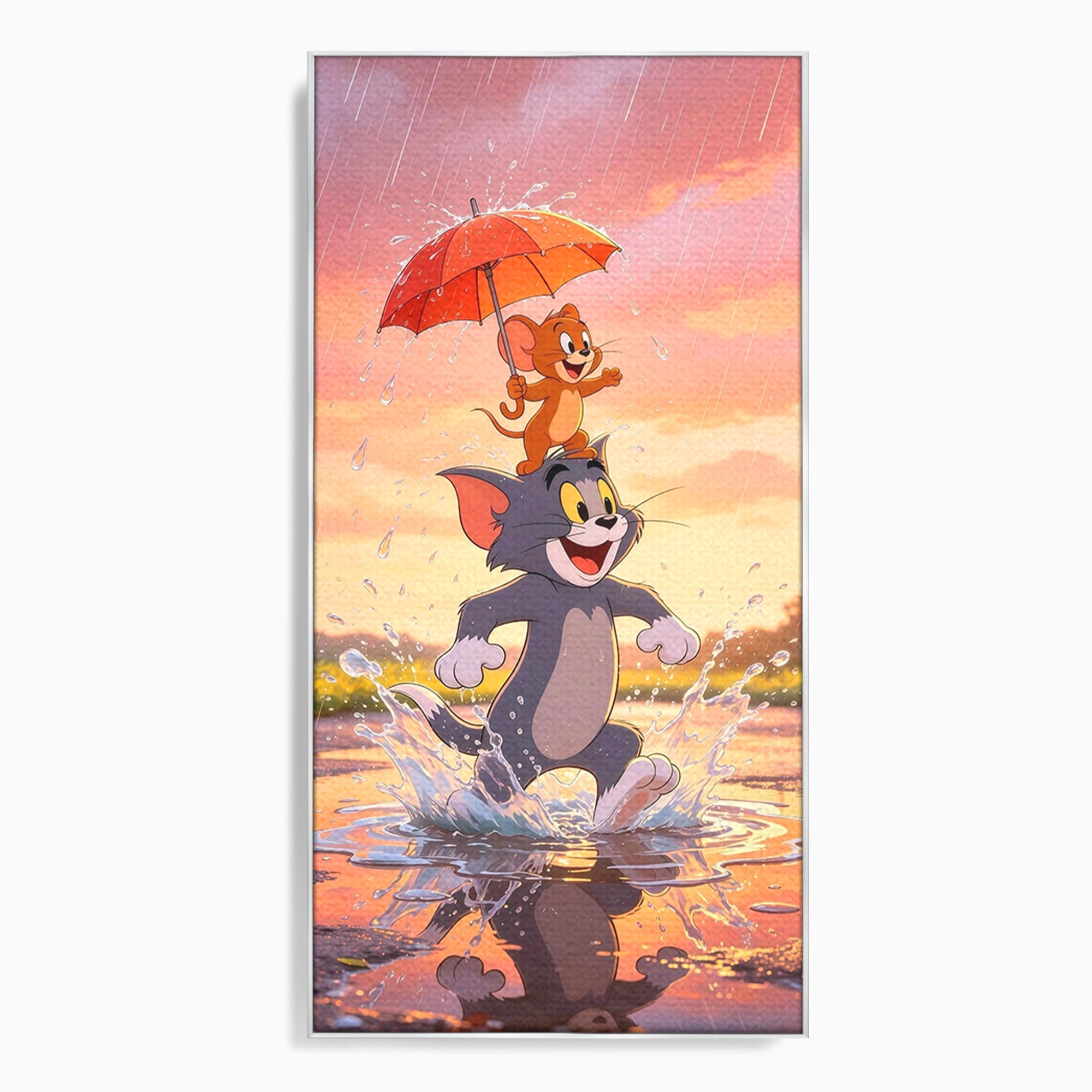 Tablou Canvas Premium LuxCanva® PI1364, Aventura Vesela, Desene Animate, Prietenie, Umbrela, Tom, Jerry, Culori Vibrante, Living, Dormitor, Camera Copii