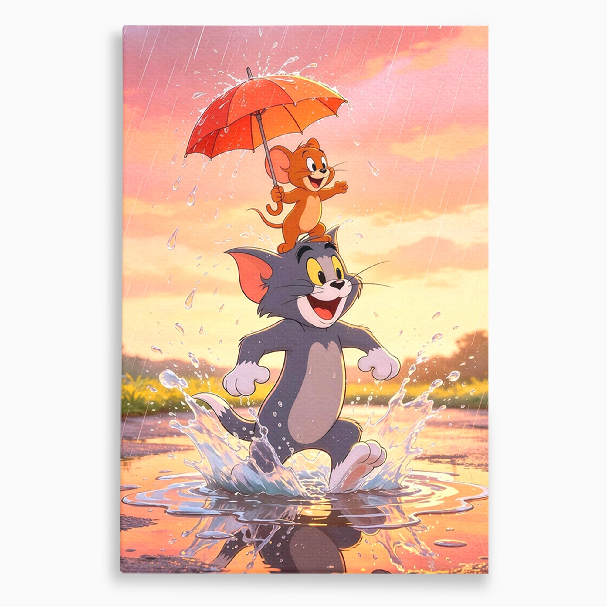 Tablou Canvas Premium LuxCanva® PI1364, Aventura Vesela, Desene Animate, Prietenie, Umbrela, Tom, Jerry, Culori Vibrante, Living, Dormitor, Camera Copii