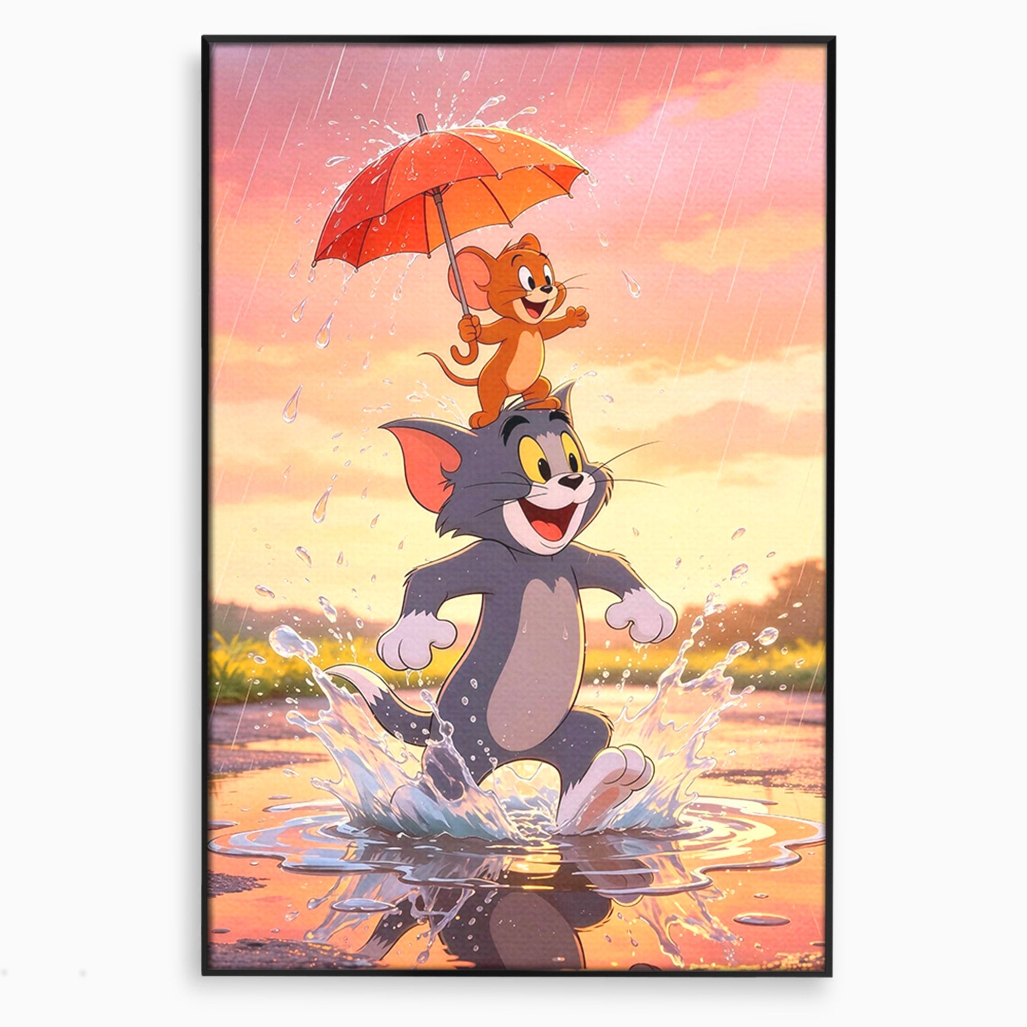 Tablou Canvas Premium LuxCanva® PI1364, Aventura Vesela, Desene Animate, Prietenie, Umbrela, Tom, Jerry, Culori Vibrante, Living, Dormitor, Camera Copii