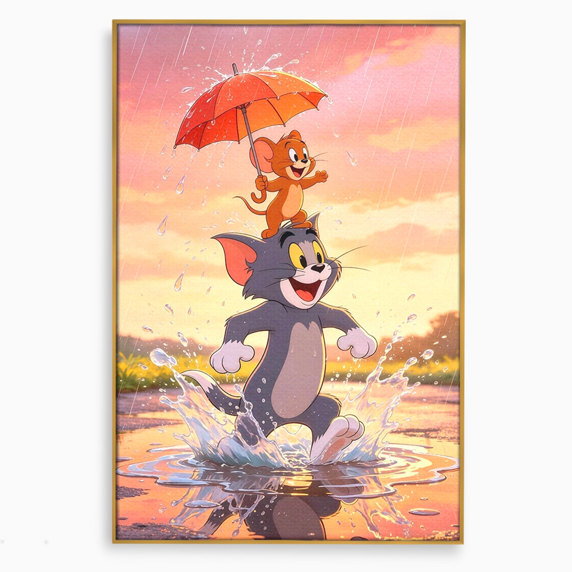 Tablou Canvas Premium LuxCanva® PI1364, Aventura Vesela, Desene Animate, Prietenie, Umbrela, Tom, Jerry, Culori Vibrante, Living, Dormitor, Camera Copii