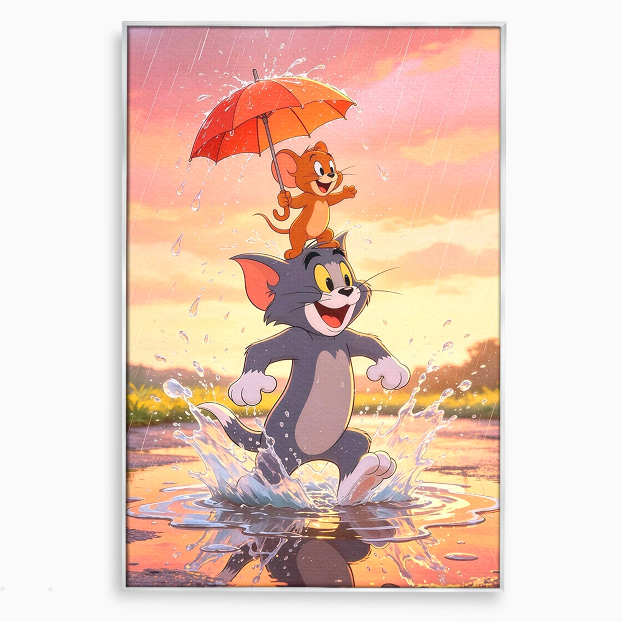 Tablou Canvas Premium LuxCanva® PI1364, Aventura Vesela, Desene Animate, Prietenie, Umbrela, Tom, Jerry, Culori Vibrante, Living, Dormitor, Camera Copii