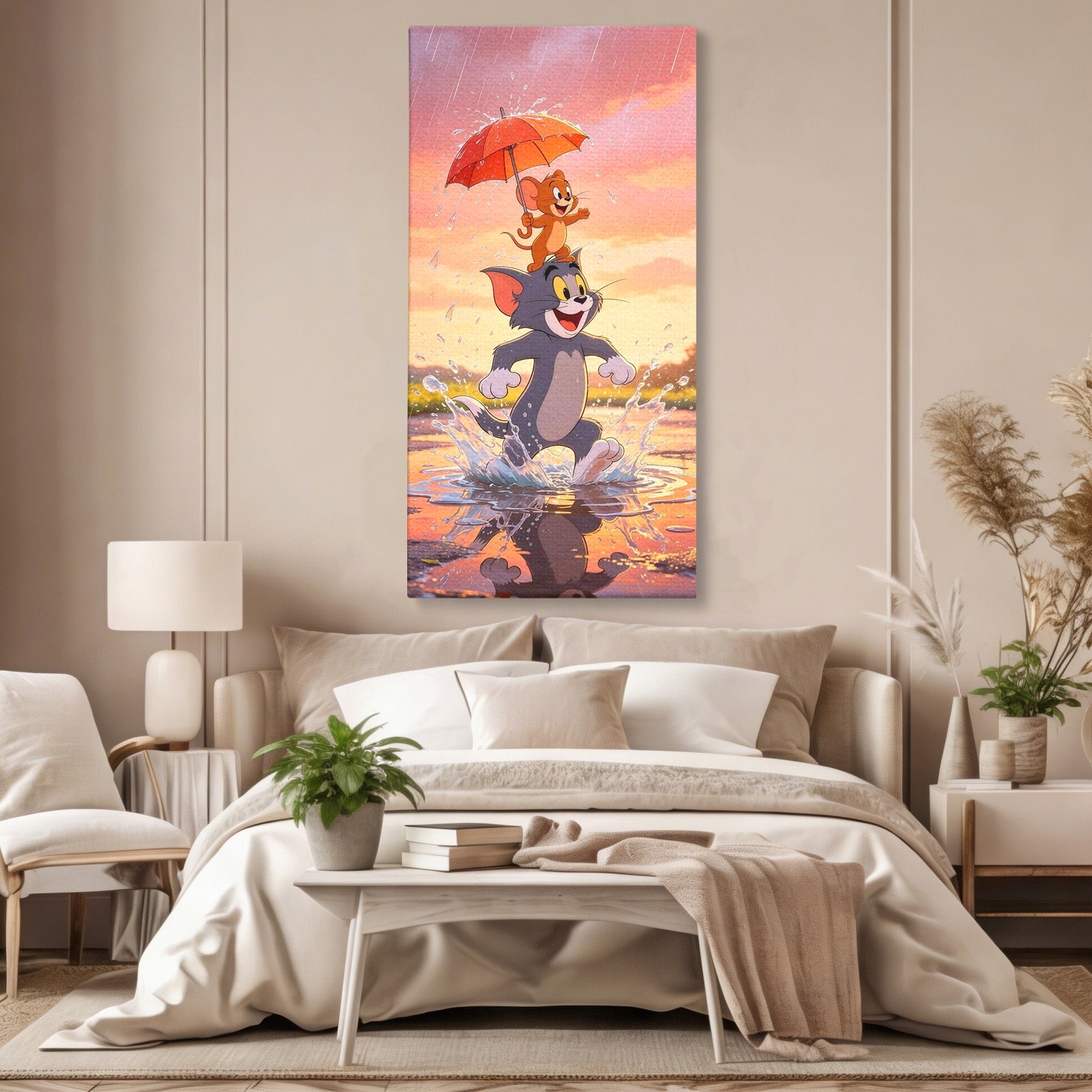 Tablou Canvas Premium LuxCanva® PI1364, Aventura Vesela, Desene Animate, Prietenie, Umbrela, Tom, Jerry, Culori Vibrante, Living, Dormitor, Camera Copii
