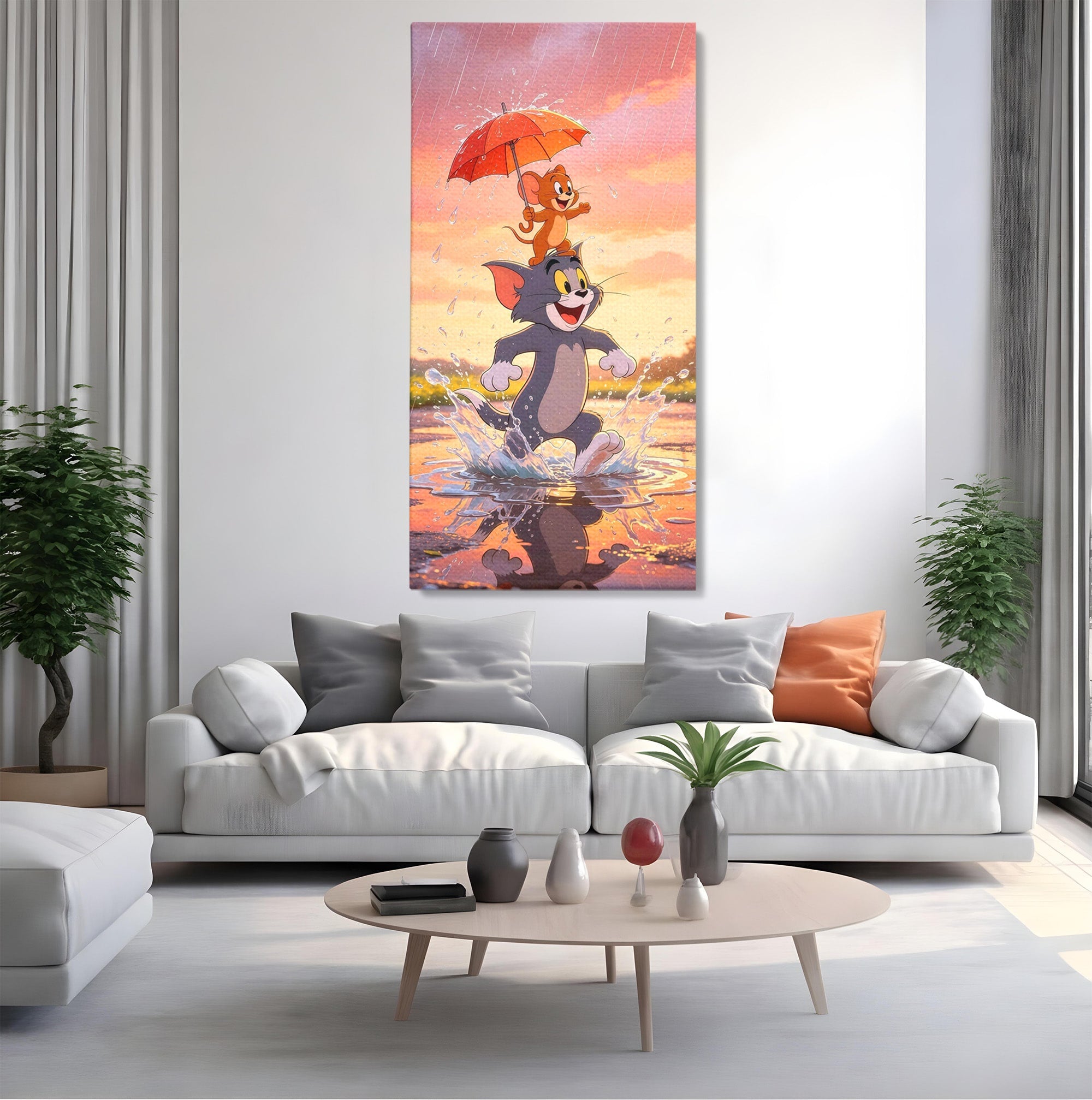 Tablou Canvas Premium LuxCanva® PI1364, Aventura Vesela, Desene Animate, Prietenie, Umbrela, Tom, Jerry, Culori Vibrante, Living, Dormitor, Camera Copii