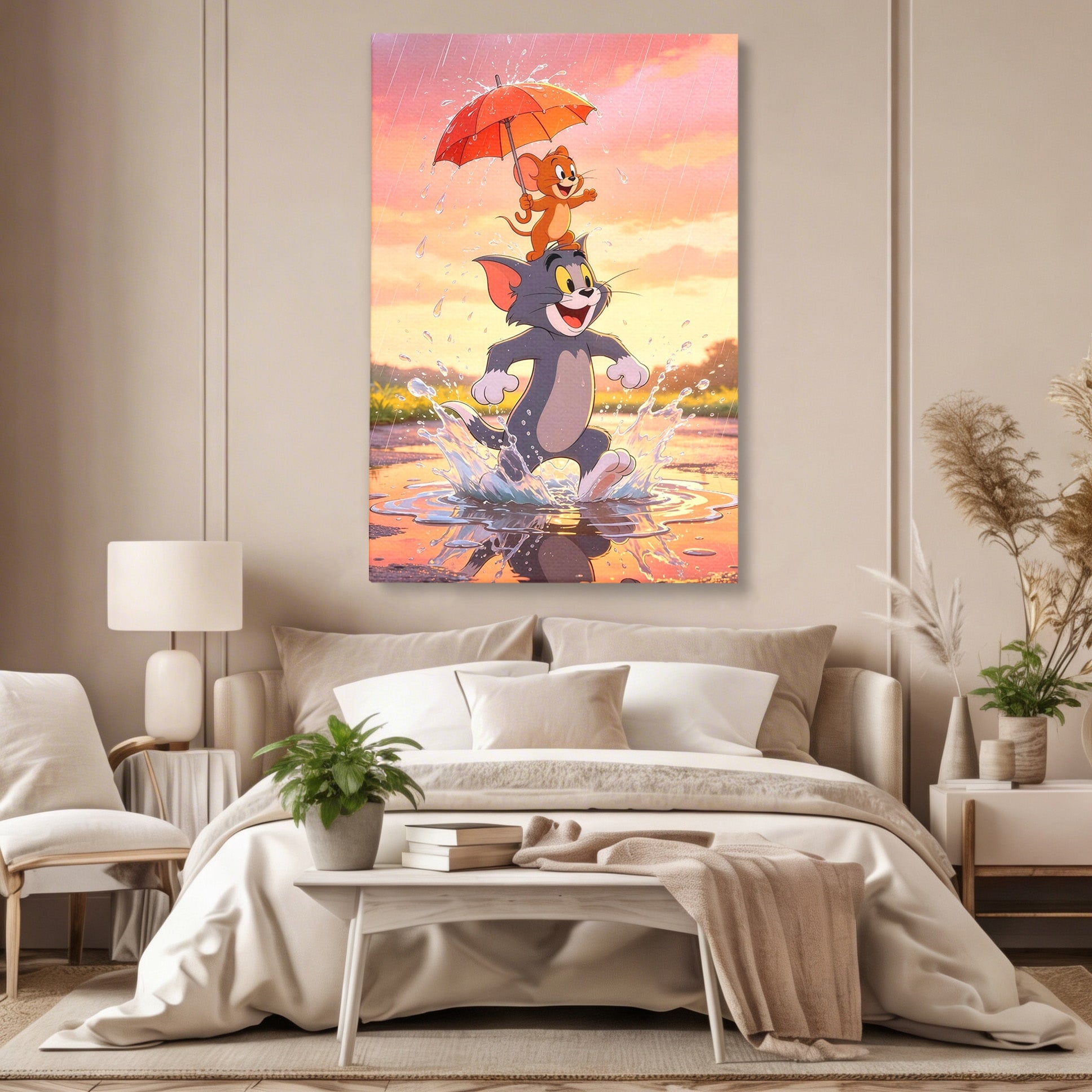Tablou Canvas Premium LuxCanva® PI1364, Aventura Vesela, Desene Animate, Prietenie, Umbrela, Tom, Jerry, Culori Vibrante, Living, Dormitor, Camera Copii