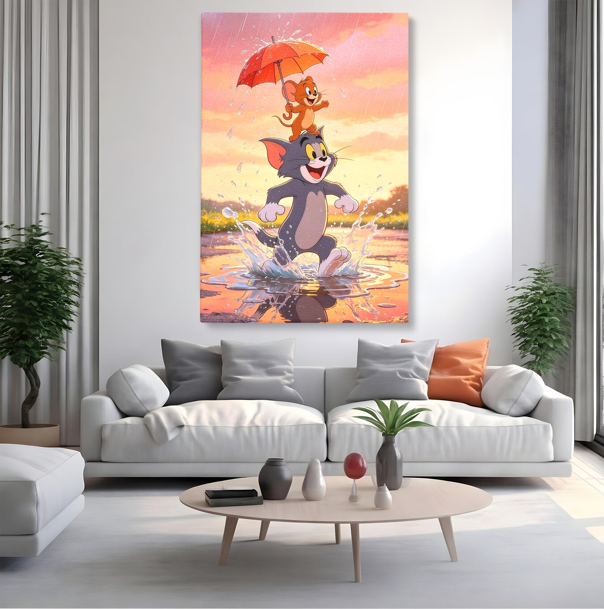 Tablou Canvas Premium LuxCanva® PI1364, Aventura Vesela, Desene Animate, Prietenie, Umbrela, Tom, Jerry, Culori Vibrante, Living, Dormitor, Camera Copii