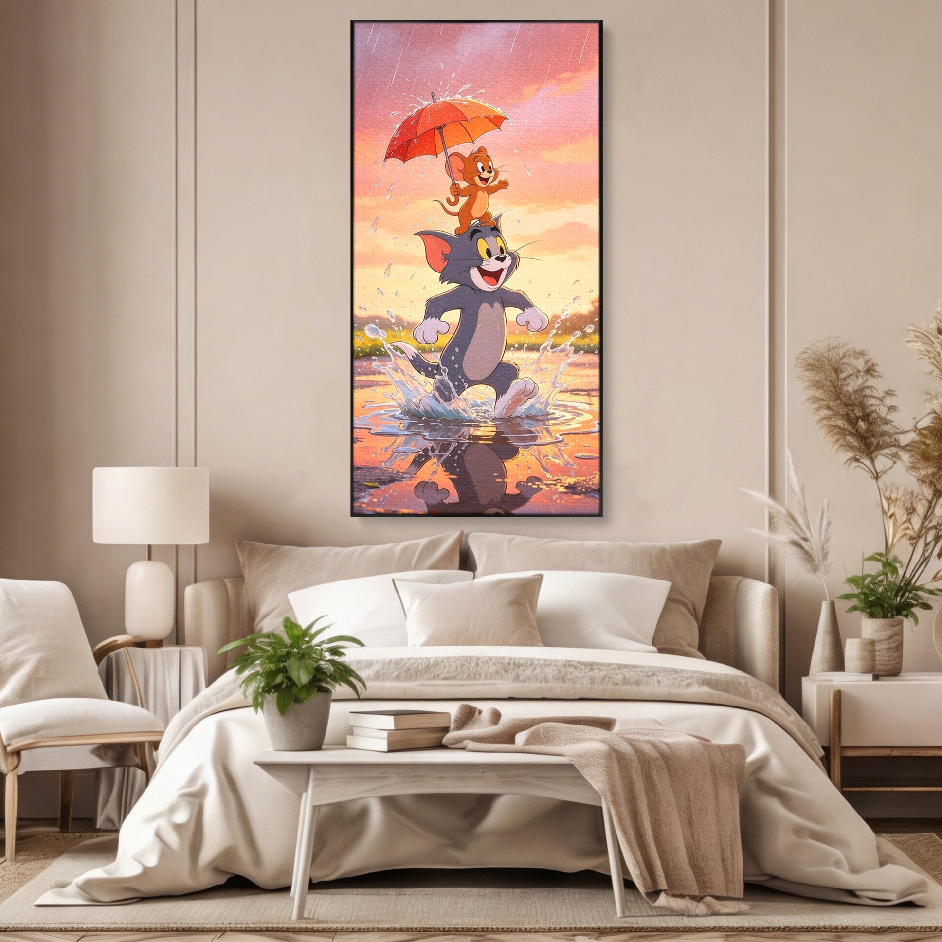 Tablou Canvas Premium LuxCanva® PI1364, Aventura Vesela, Desene Animate, Prietenie, Umbrela, Tom, Jerry, Culori Vibrante, Living, Dormitor, Camera Copii