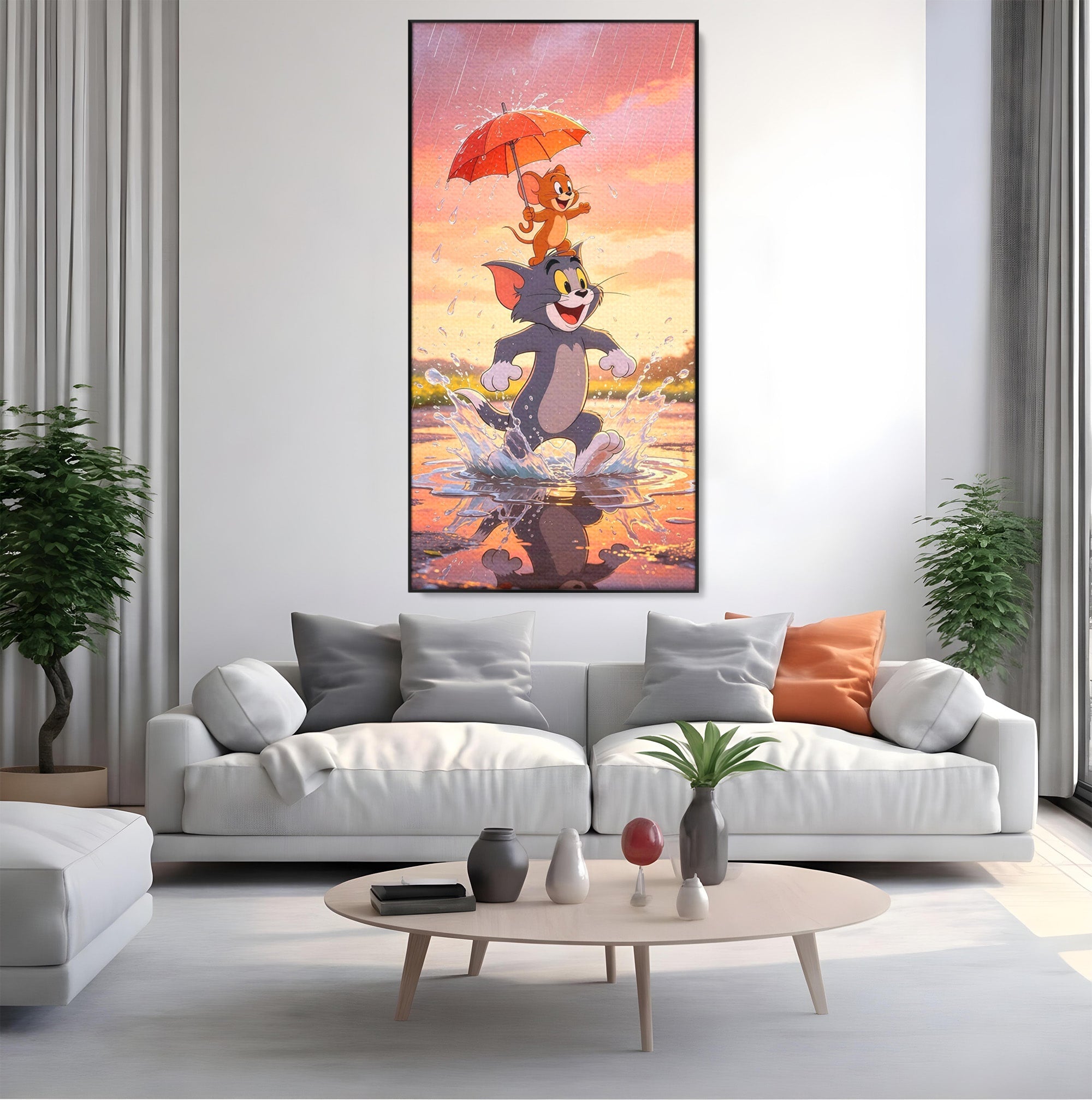 Tablou Canvas Premium LuxCanva® PI1364, Aventura Vesela, Desene Animate, Prietenie, Umbrela, Tom, Jerry, Culori Vibrante, Living, Dormitor, Camera Copii