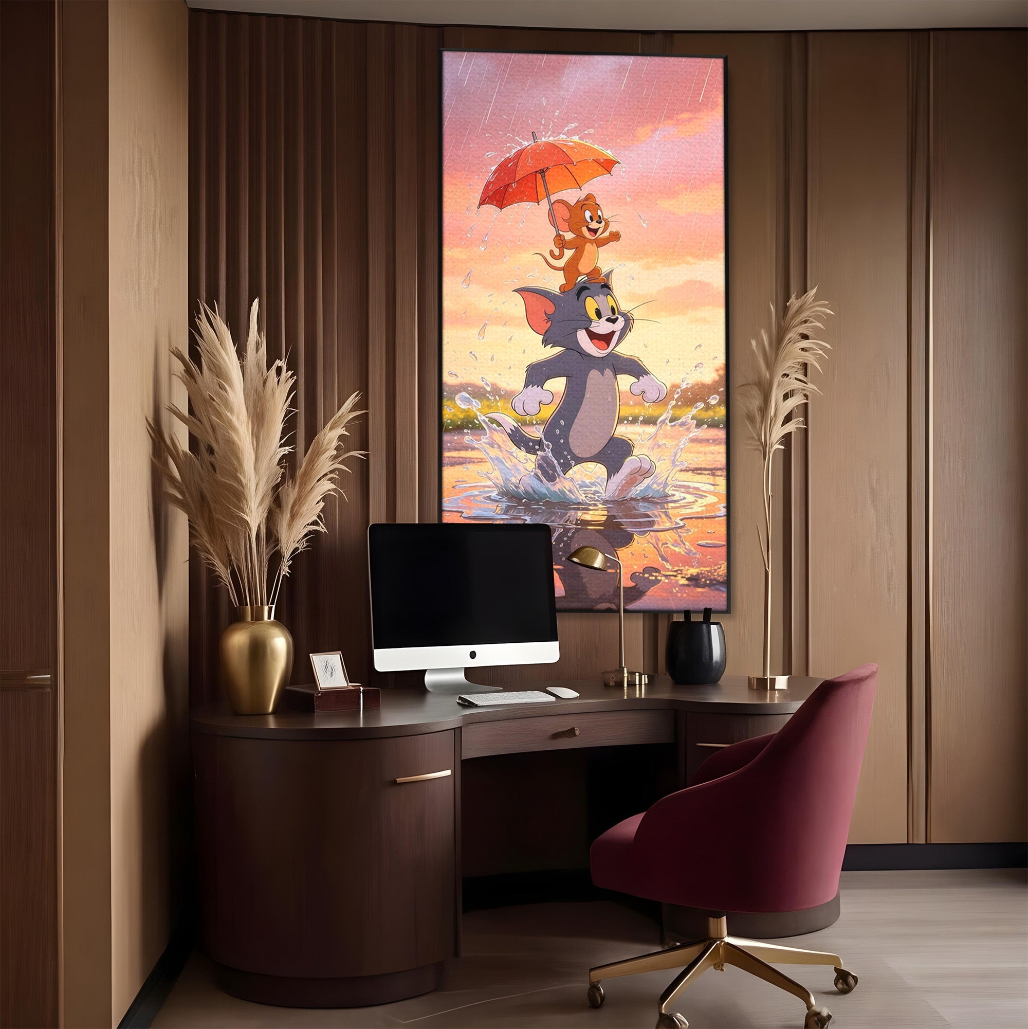 Tablou Canvas Premium LuxCanva® PI1364, Aventura Vesela, Desene Animate, Prietenie, Umbrela, Tom, Jerry, Culori Vibrante, Living, Dormitor, Camera Copii
