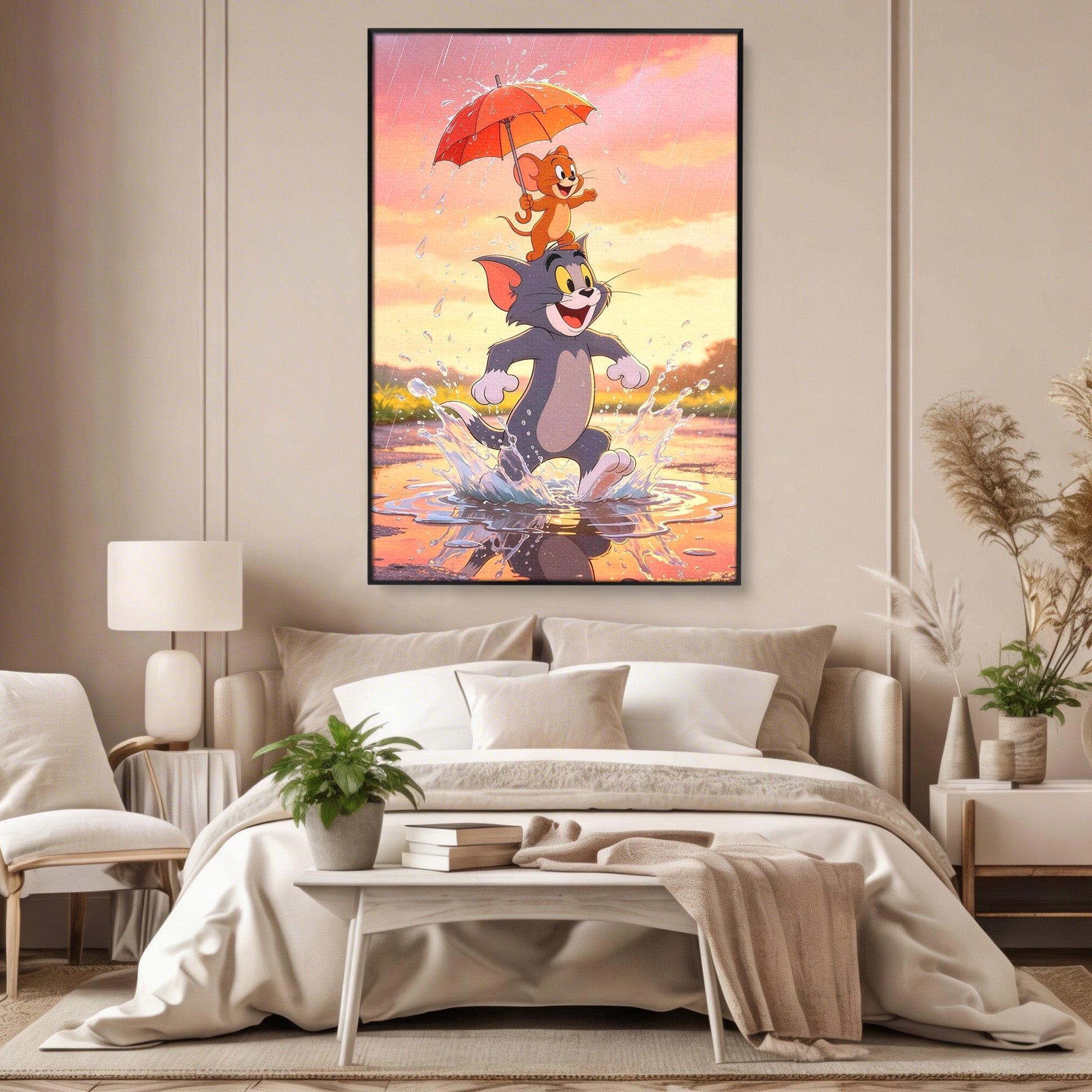 Tablou Canvas Premium LuxCanva® PI1364, Aventura Vesela, Desene Animate, Prietenie, Umbrela, Tom, Jerry, Culori Vibrante, Living, Dormitor, Camera Copii