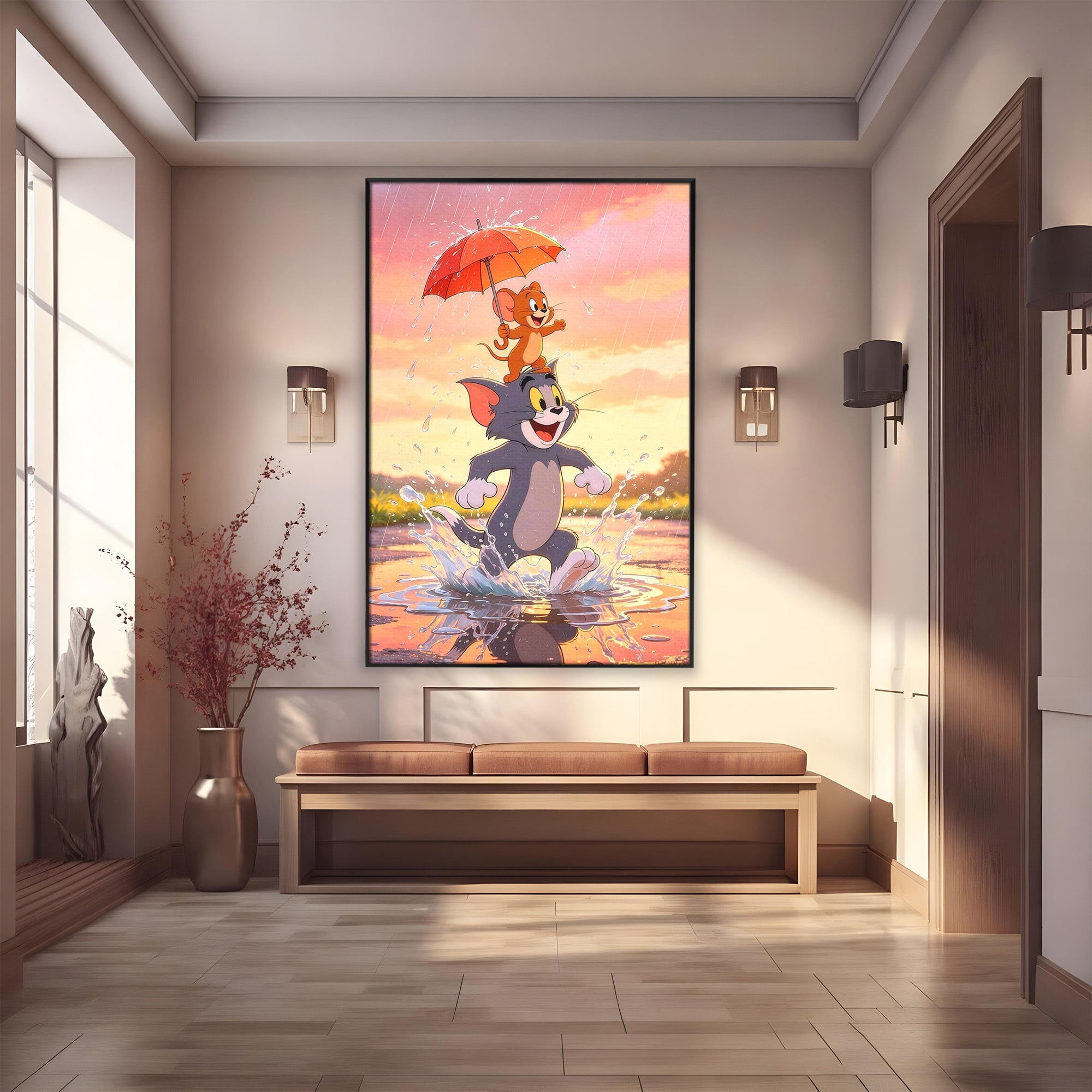 Tablou Canvas Premium LuxCanva® PI1364, Aventura Vesela, Desene Animate, Prietenie, Umbrela, Tom, Jerry, Culori Vibrante, Living, Dormitor, Camera Copii