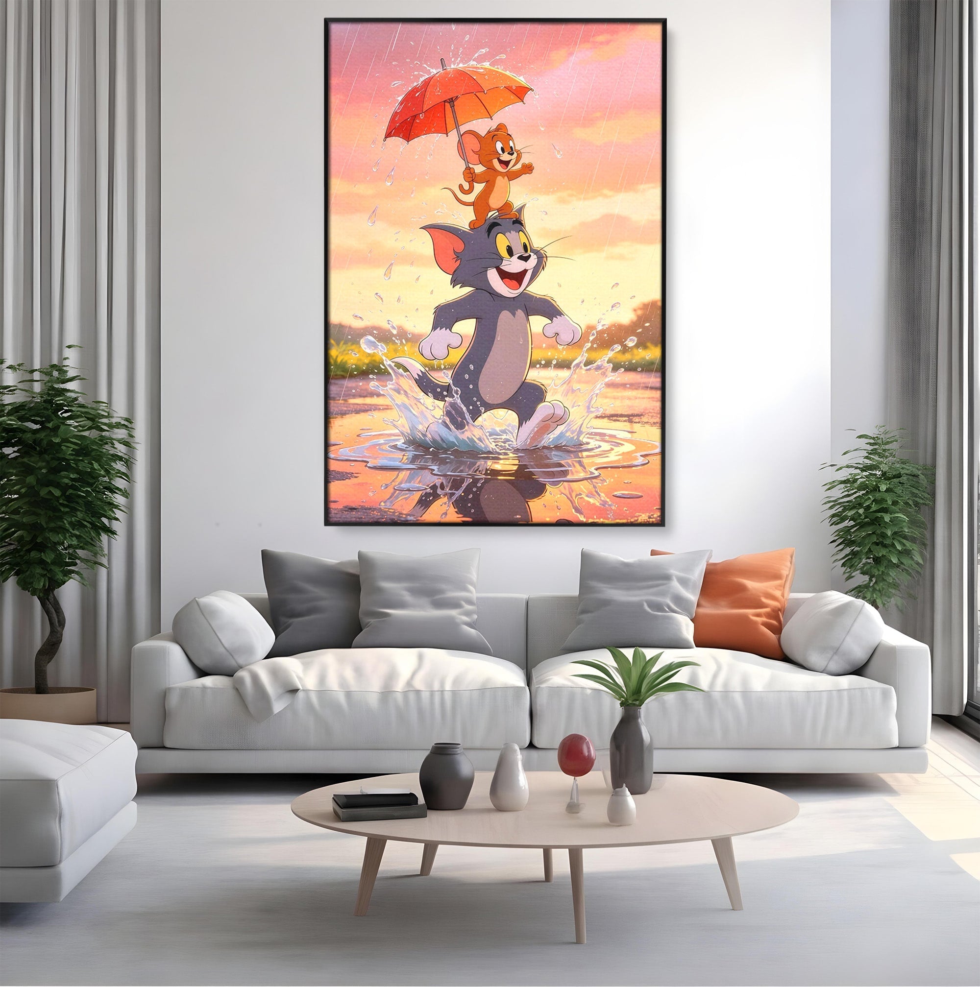Tablou Canvas Premium LuxCanva® PI1364, Aventura Vesela, Desene Animate, Prietenie, Umbrela, Tom, Jerry, Culori Vibrante, Living, Dormitor, Camera Copii