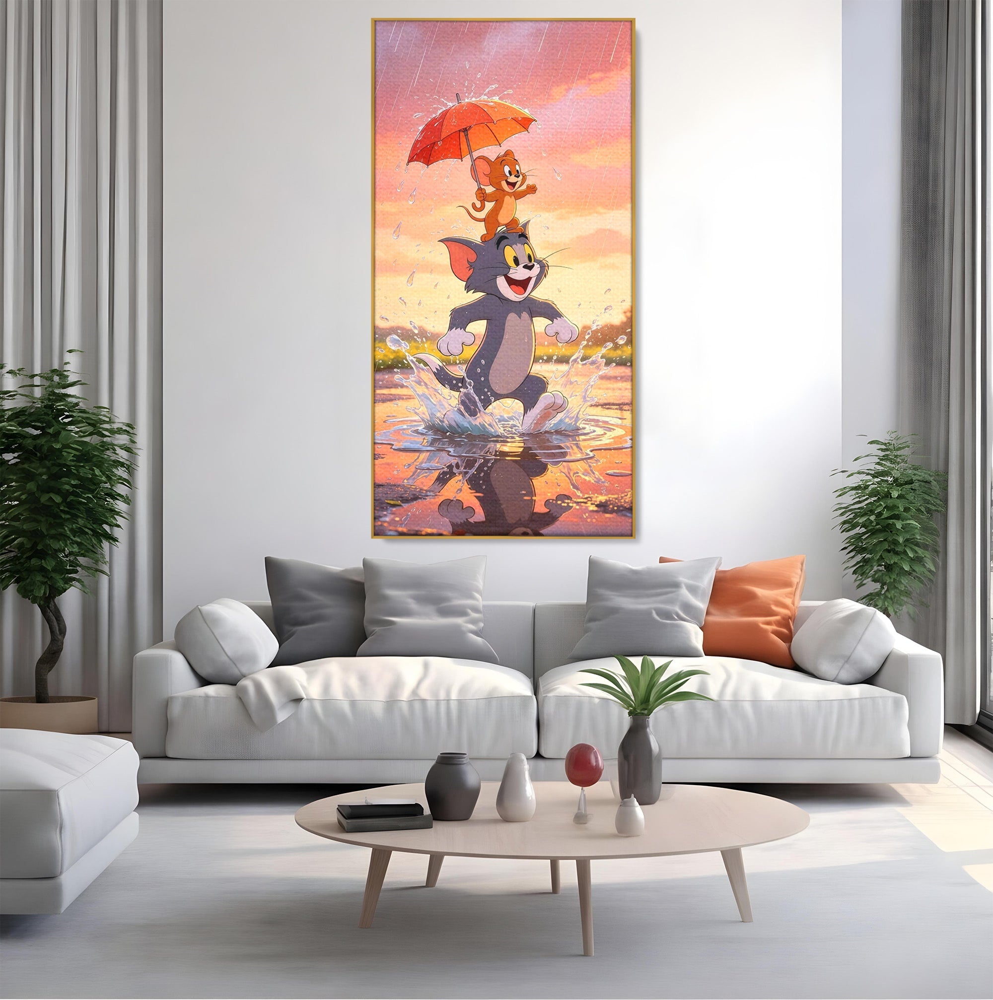 Tablou Canvas Premium LuxCanva® PI1364, Aventura Vesela, Desene Animate, Prietenie, Umbrela, Tom, Jerry, Culori Vibrante, Living, Dormitor, Camera Copii