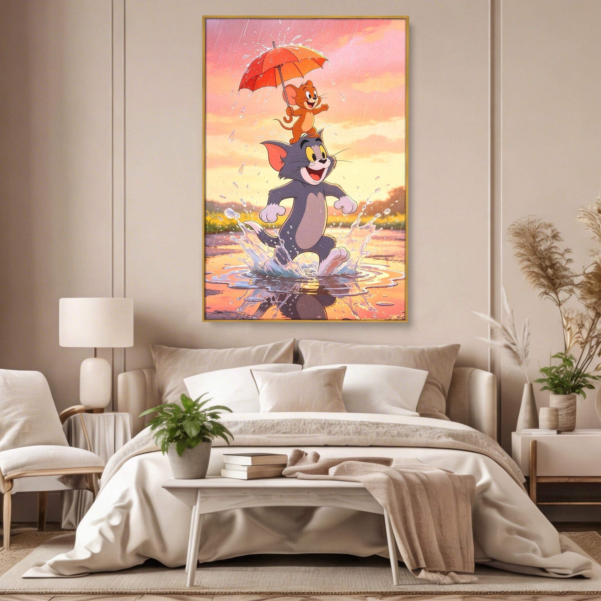 Tablou Canvas Premium LuxCanva® PI1364, Aventura Vesela, Desene Animate, Prietenie, Umbrela, Tom, Jerry, Culori Vibrante, Living, Dormitor, Camera Copii