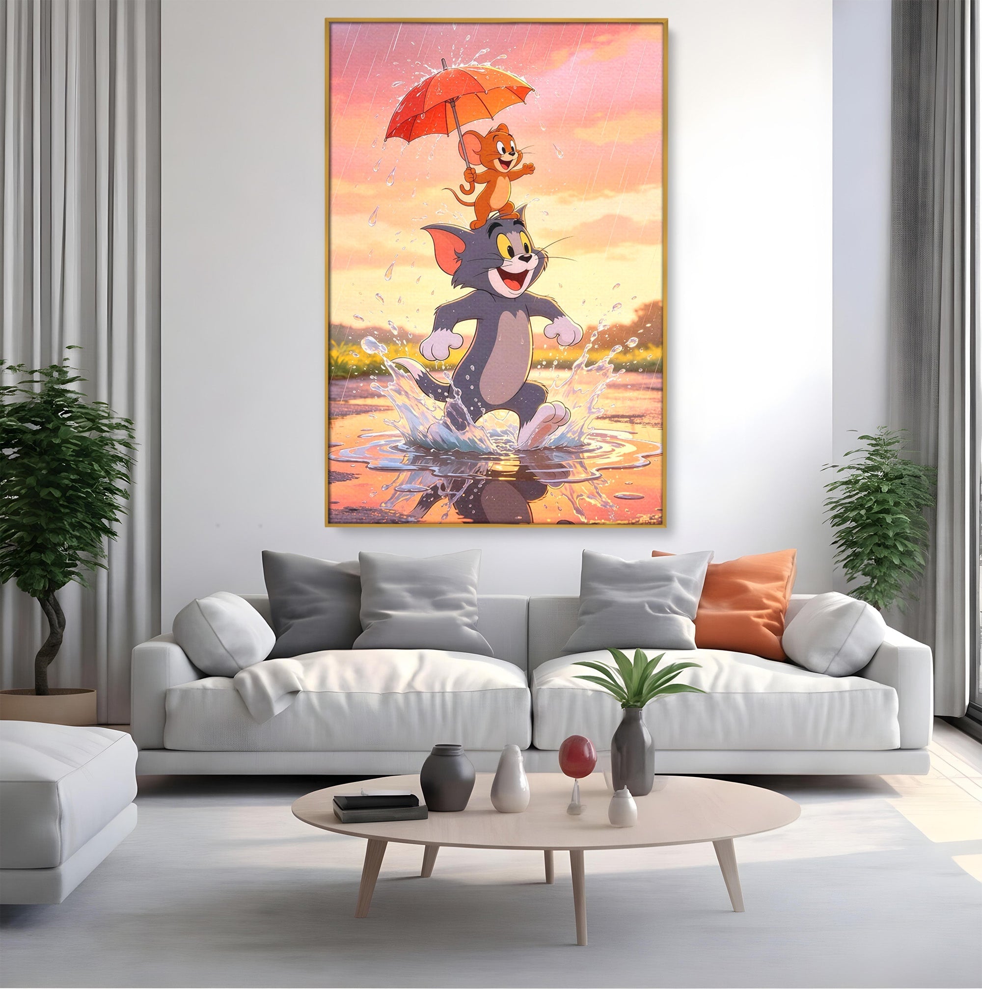 Tablou Canvas Premium LuxCanva® PI1364, Aventura Vesela, Desene Animate, Prietenie, Umbrela, Tom, Jerry, Culori Vibrante, Living, Dormitor, Camera Copii