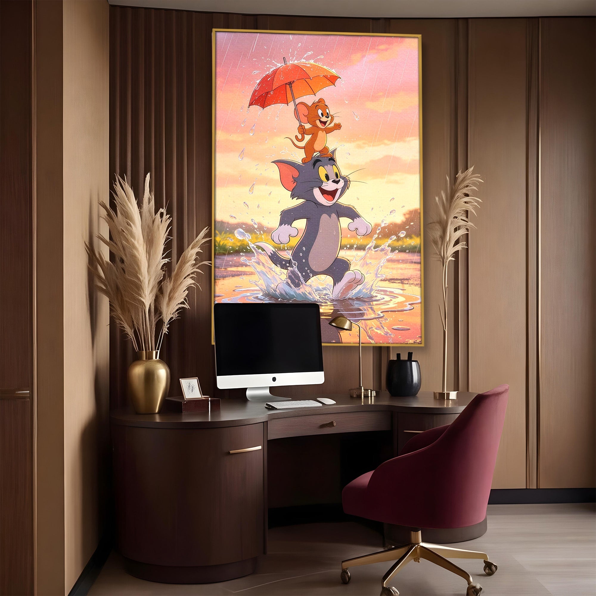 Tablou Canvas Premium LuxCanva® PI1364, Aventura Vesela, Desene Animate, Prietenie, Umbrela, Tom, Jerry, Culori Vibrante, Living, Dormitor, Camera Copii