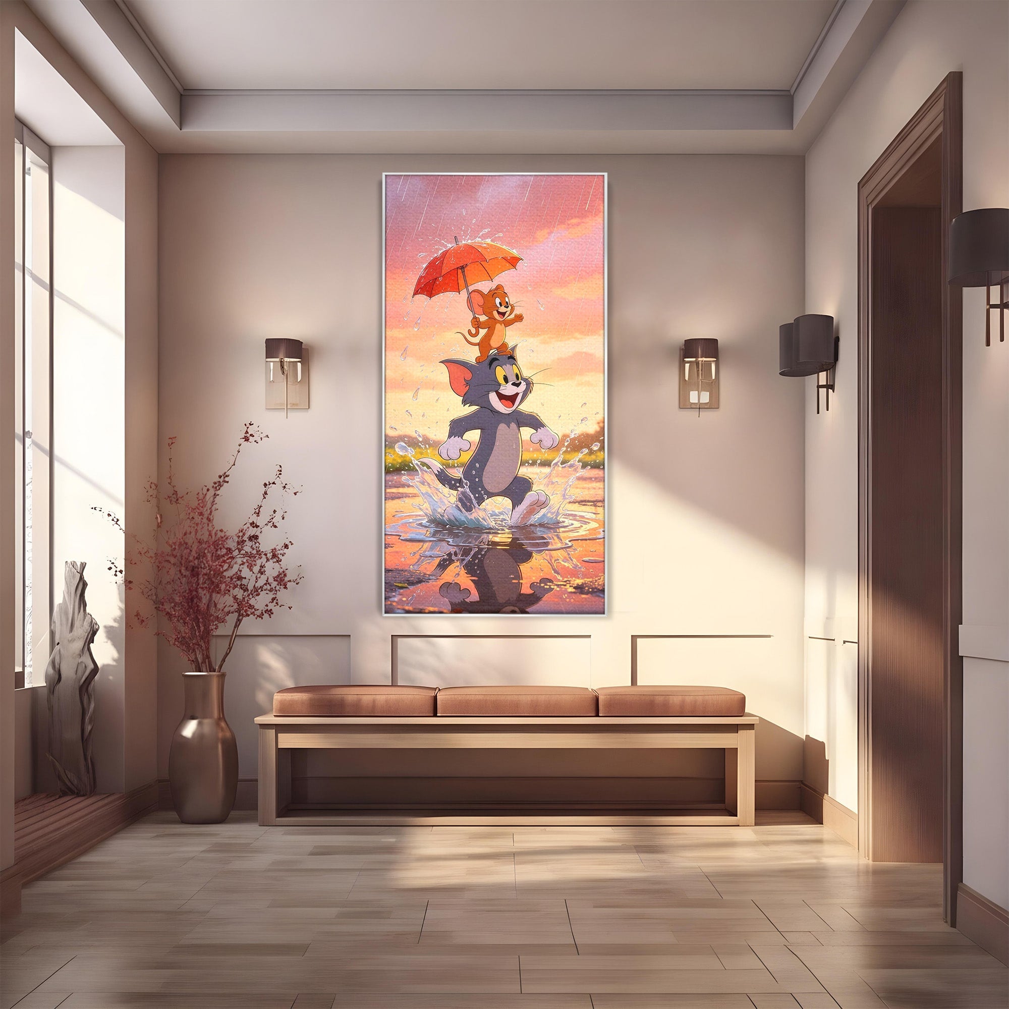 Tablou Canvas Premium LuxCanva® PI1364, Aventura Vesela, Desene Animate, Prietenie, Umbrela, Tom, Jerry, Culori Vibrante, Living, Dormitor, Camera Copii
