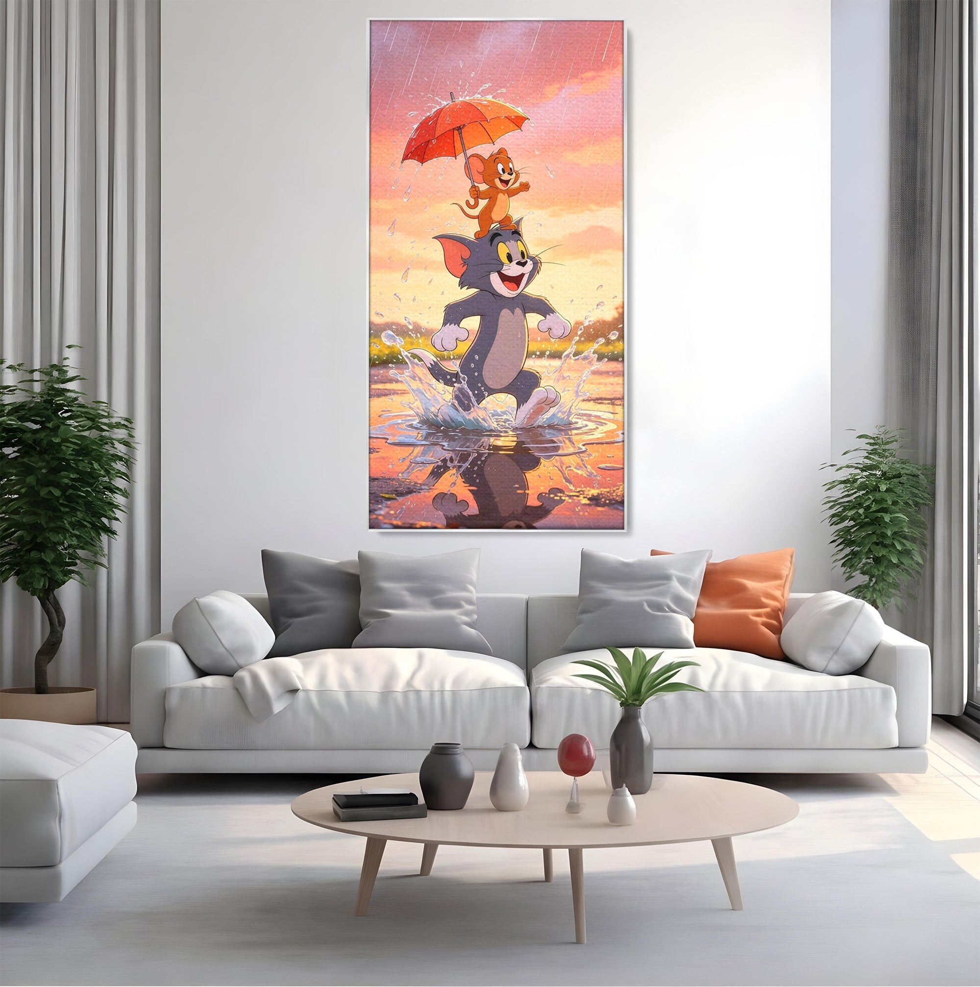 Tablou Canvas Premium LuxCanva® PI1364, Aventura Vesela, Desene Animate, Prietenie, Umbrela, Tom, Jerry, Culori Vibrante, Living, Dormitor, Camera Copii