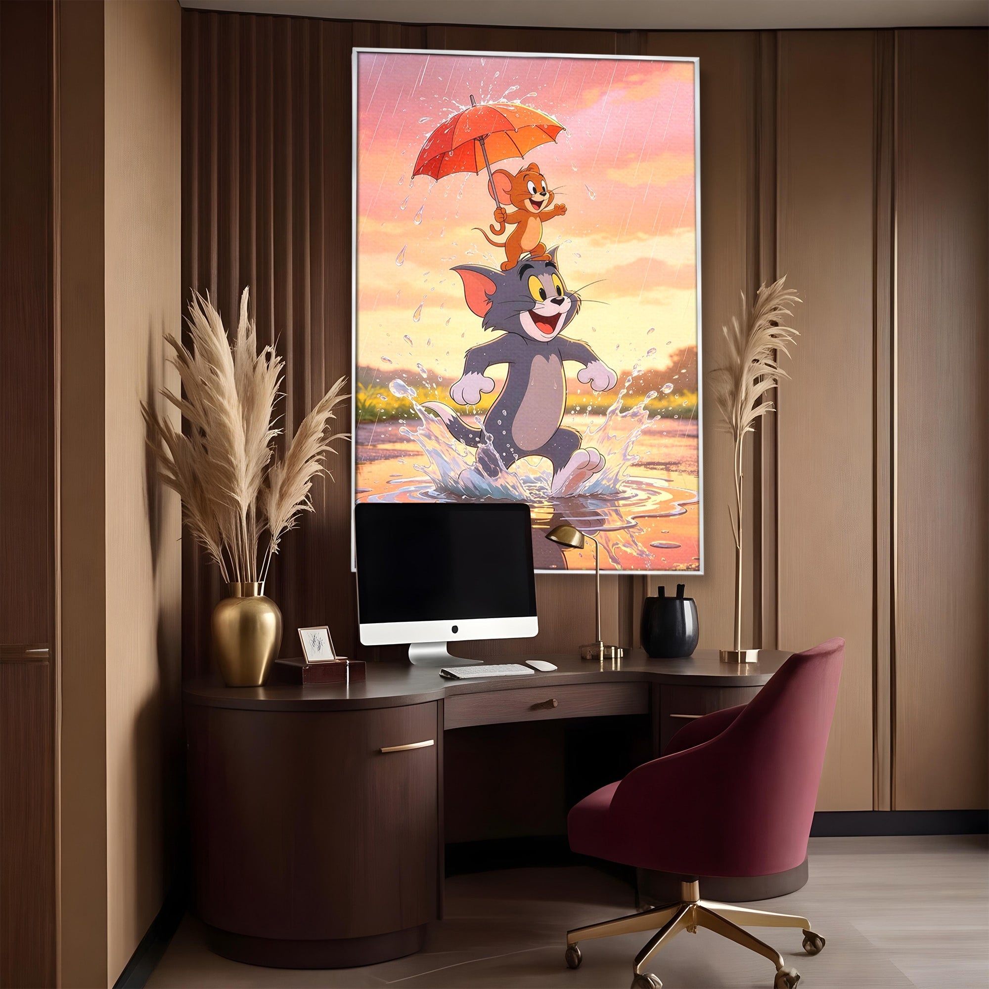 Tablou Canvas Premium LuxCanva® PI1364, Aventura Vesela, Desene Animate, Prietenie, Umbrela, Tom, Jerry, Culori Vibrante, Living, Dormitor, Camera Copii