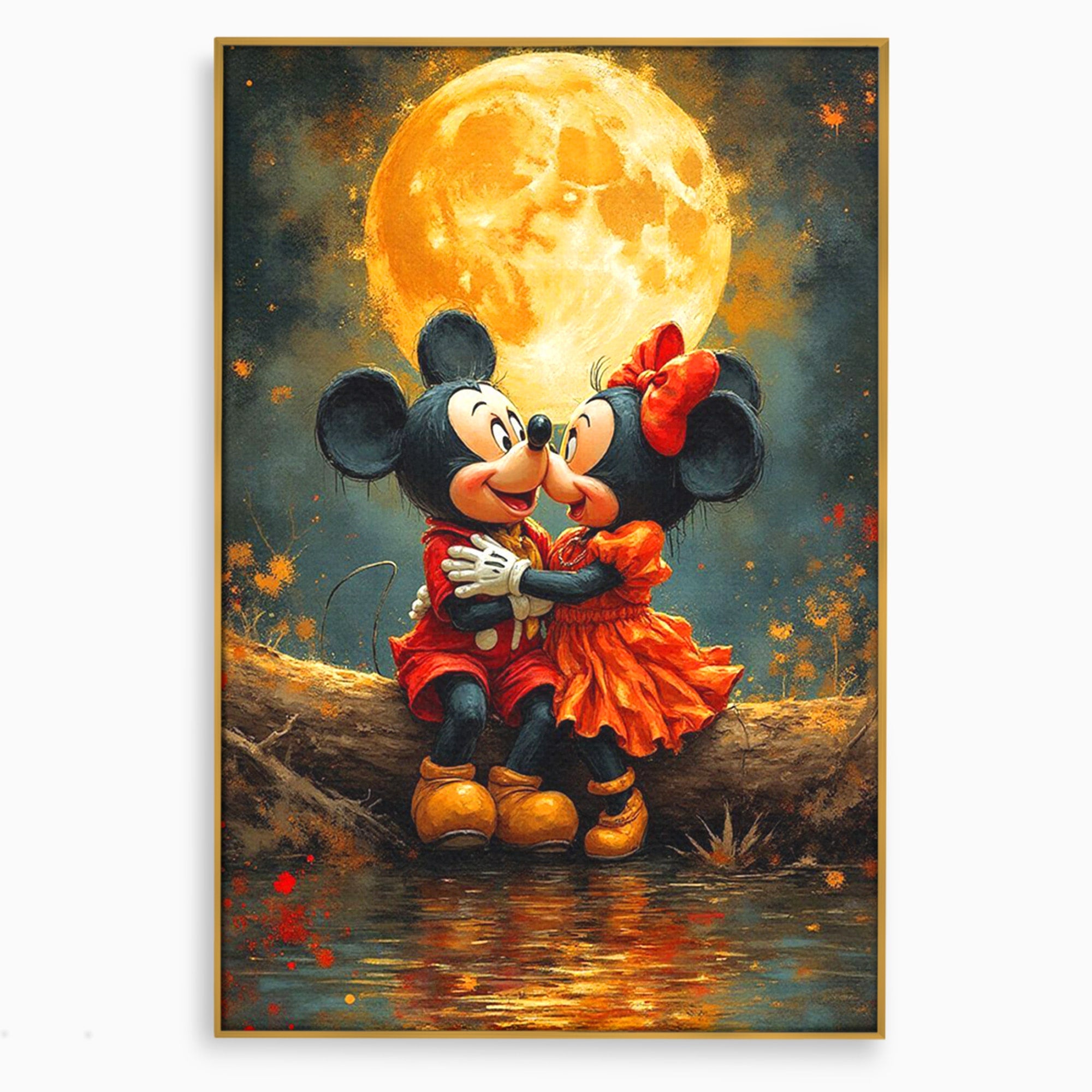 Tablou Canvas Premium LuxCanva® PI1365, Minnie si Mickey Indragostiti, Desene, Luna, Personaje, Romantic, Culori Vibrante, Living, Dormitor, Camera Copii