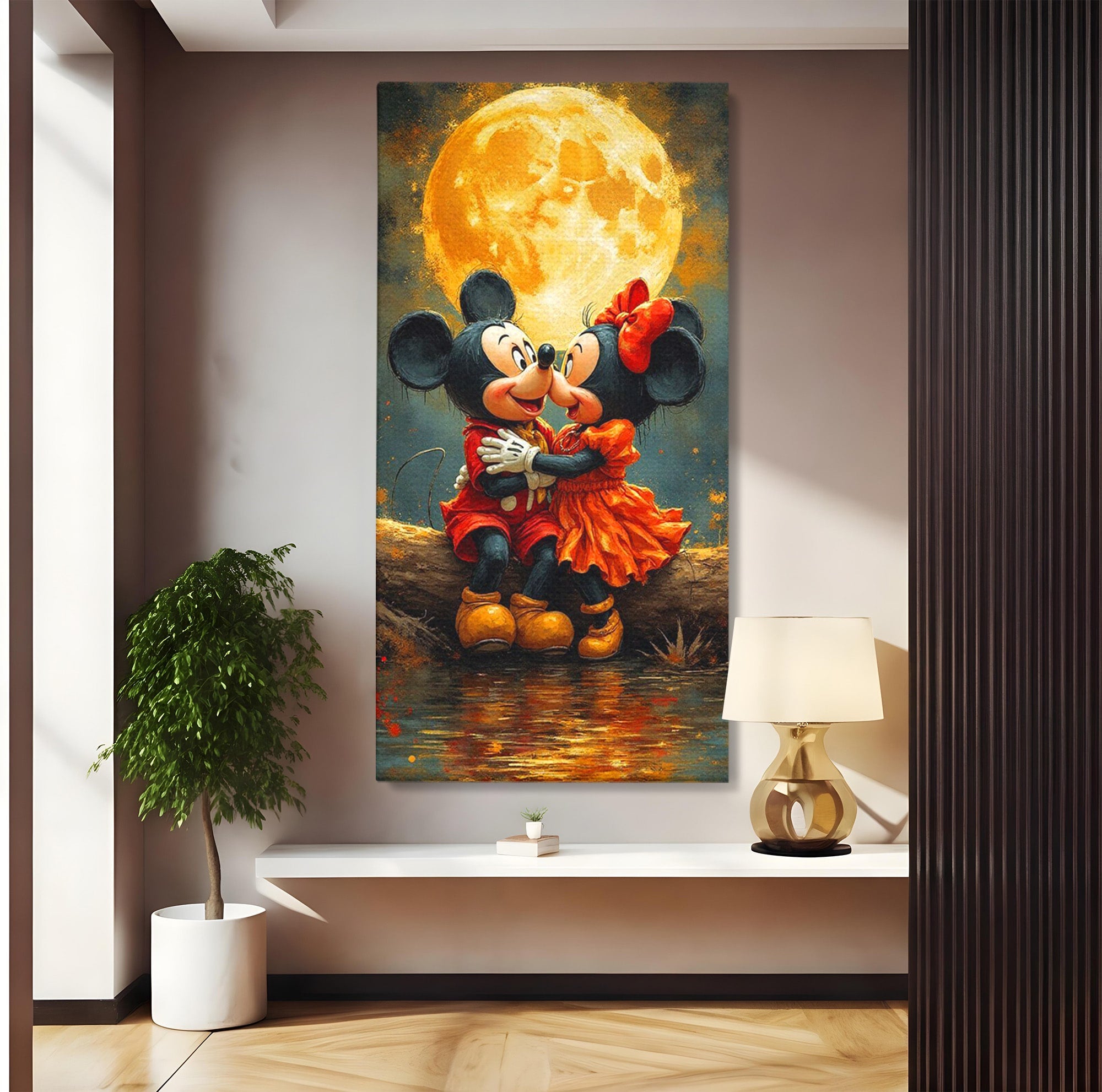 Tablou Canvas Premium LuxCanva® PI1365, Minnie si Mickey Indragostiti, Desene, Luna, Personaje, Romantic, Culori Vibrante, Living, Dormitor, Camera Copii