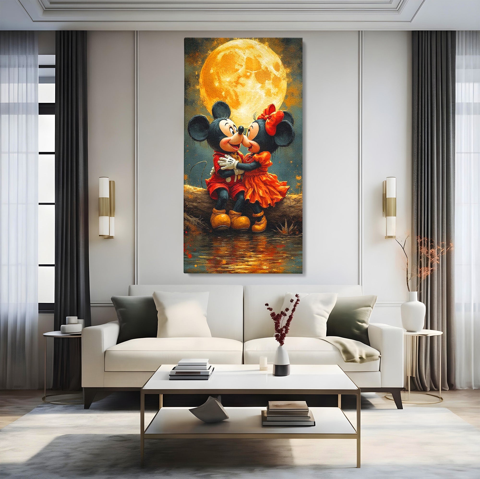 Tablou Canvas Premium LuxCanva® PI1365, Minnie si Mickey Indragostiti, Desene, Luna, Personaje, Romantic, Culori Vibrante, Living, Dormitor, Camera Copii