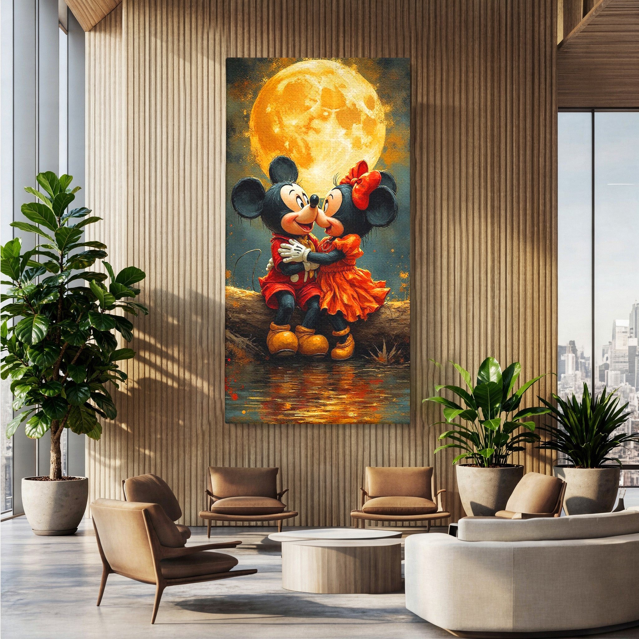 Tablou Canvas Premium LuxCanva® PI1365, Minnie si Mickey Indragostiti, Desene, Luna, Personaje, Romantic, Culori Vibrante, Living, Dormitor, Camera Copii