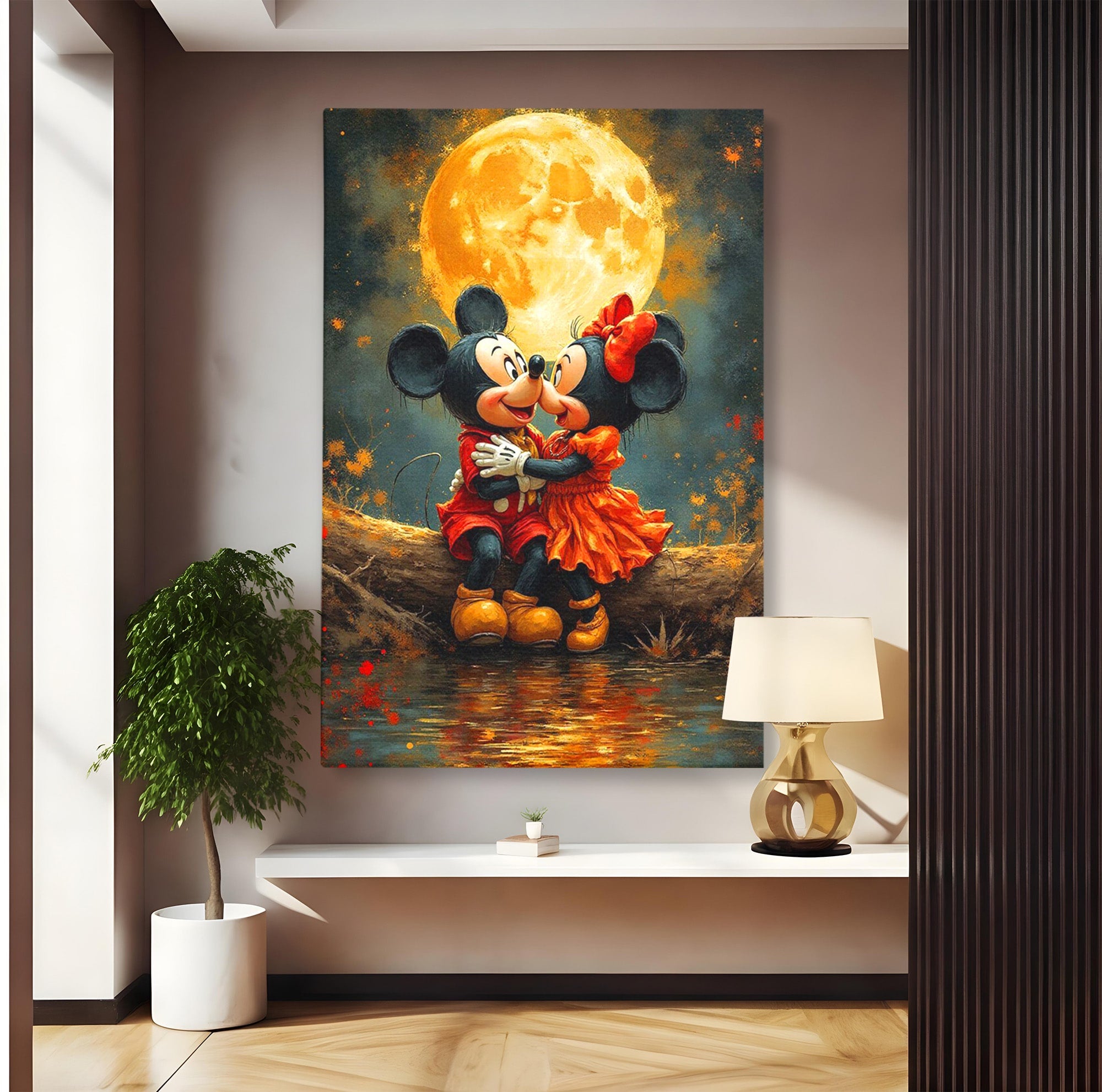 Tablou Canvas Premium LuxCanva® PI1365, Minnie si Mickey Indragostiti, Desene, Luna, Personaje, Romantic, Culori Vibrante, Living, Dormitor, Camera Copii