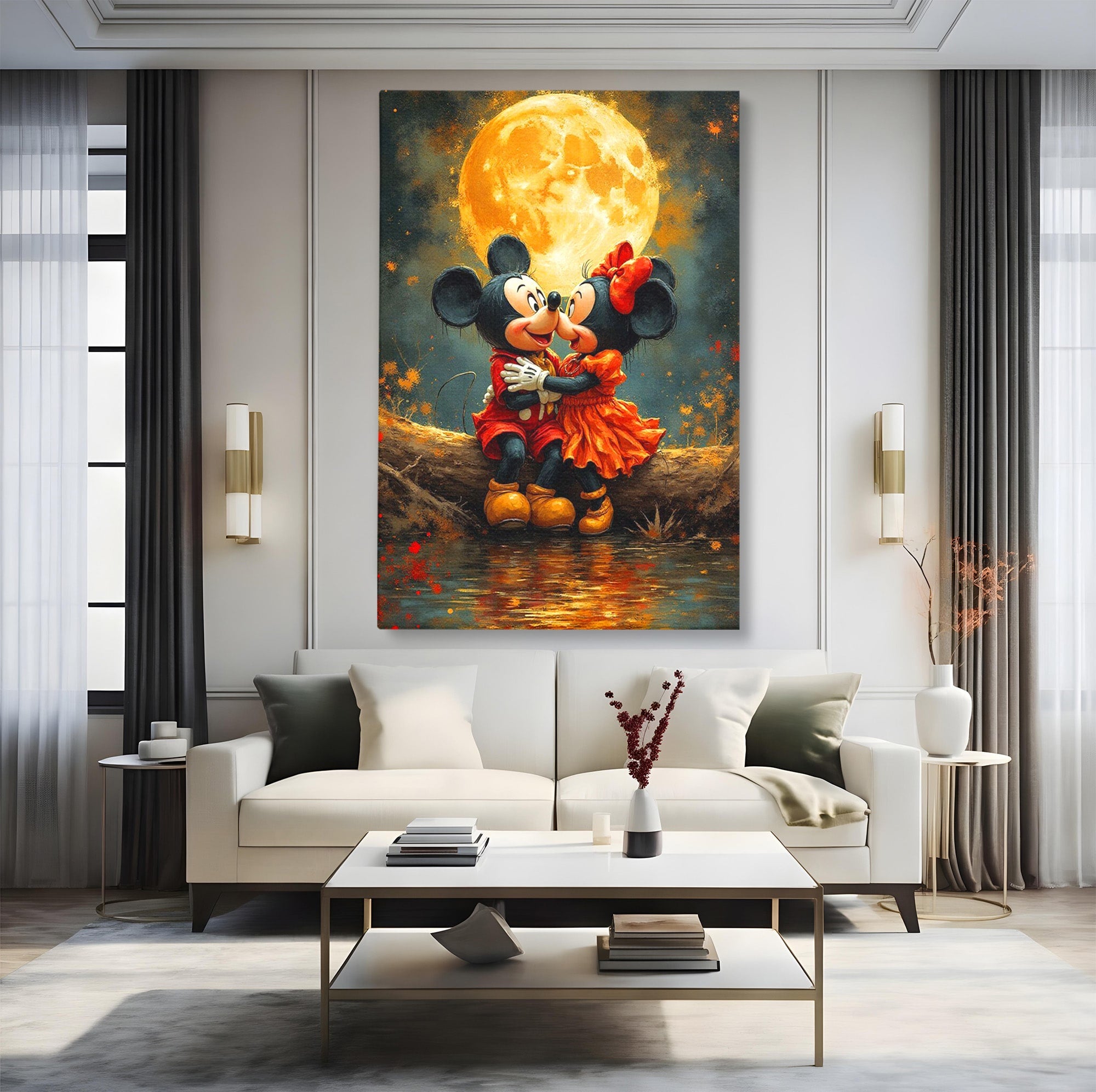 Tablou Canvas Premium LuxCanva® PI1365, Minnie si Mickey Indragostiti, Desene, Luna, Personaje, Romantic, Culori Vibrante, Living, Dormitor, Camera Copii